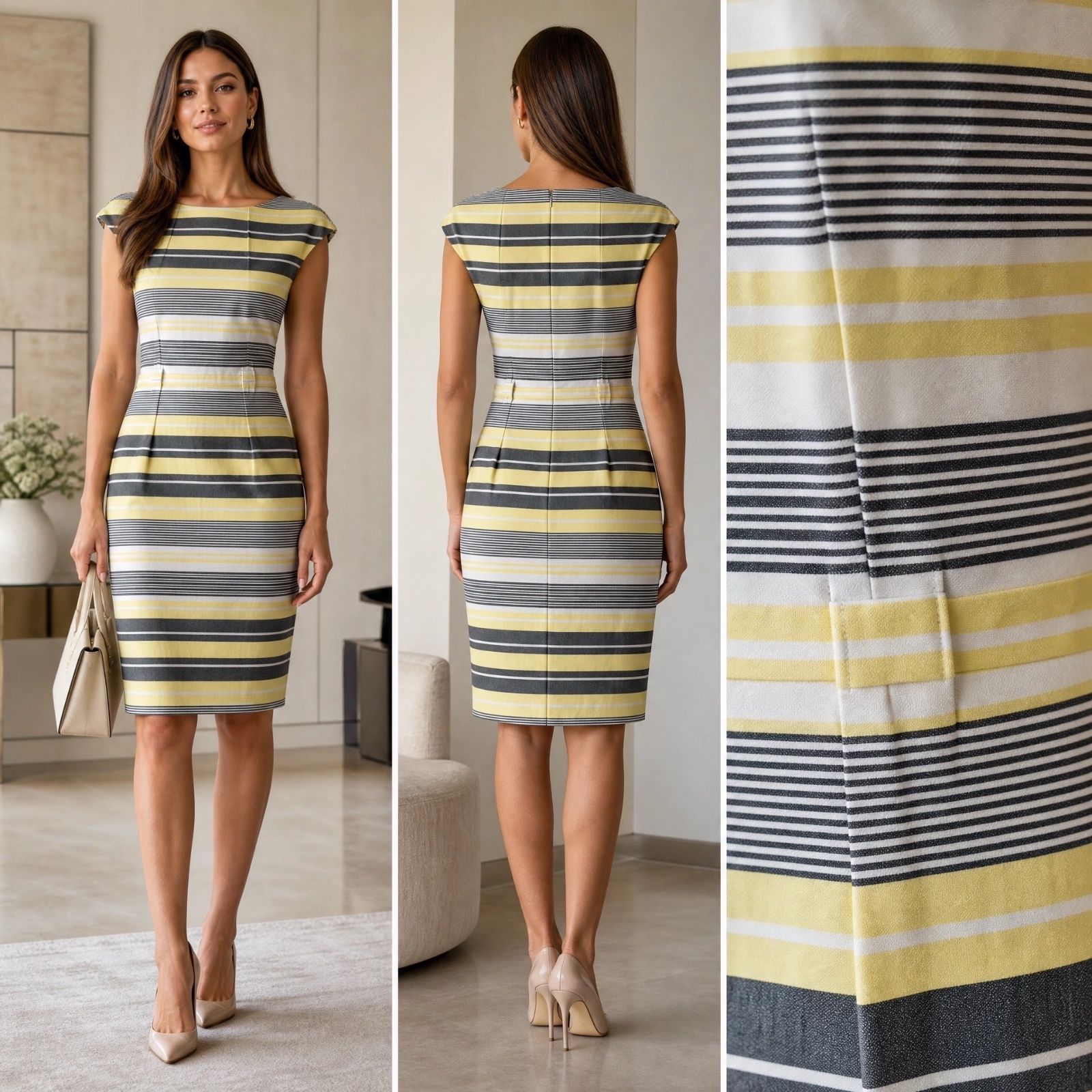 ✨ Robe CALVIN KLEIN | Robe Cintrée Rayée Jaune/Gris - Ultra Élégante & Chic ⭐ ✨