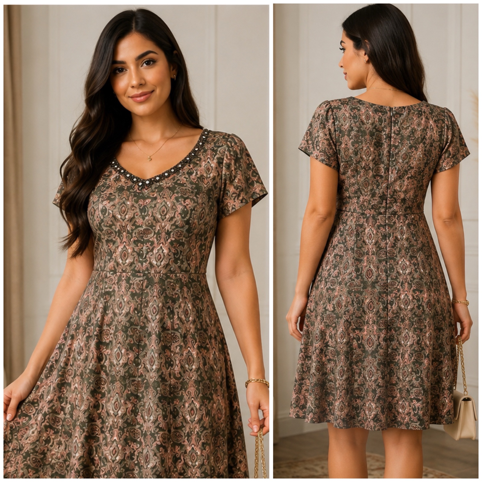✨ Robe Noa Noa Retro Viscose ✨ Imprimé Bohème Chic • Col Perlé Élégant • Taille S • Fluide & Féminine 🌸💖👗