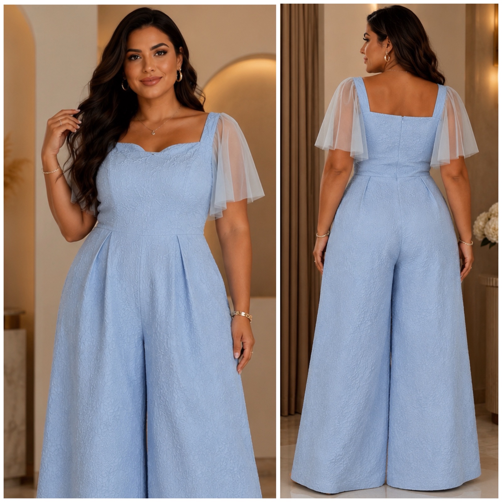 🩵✨ Combinaison bleu ciel élégante texturée avec manches en tulle transparent – coupe large chic et féminine pour soirée, cérémonie et occasion spéciale🩵✨🔥🥰🌹