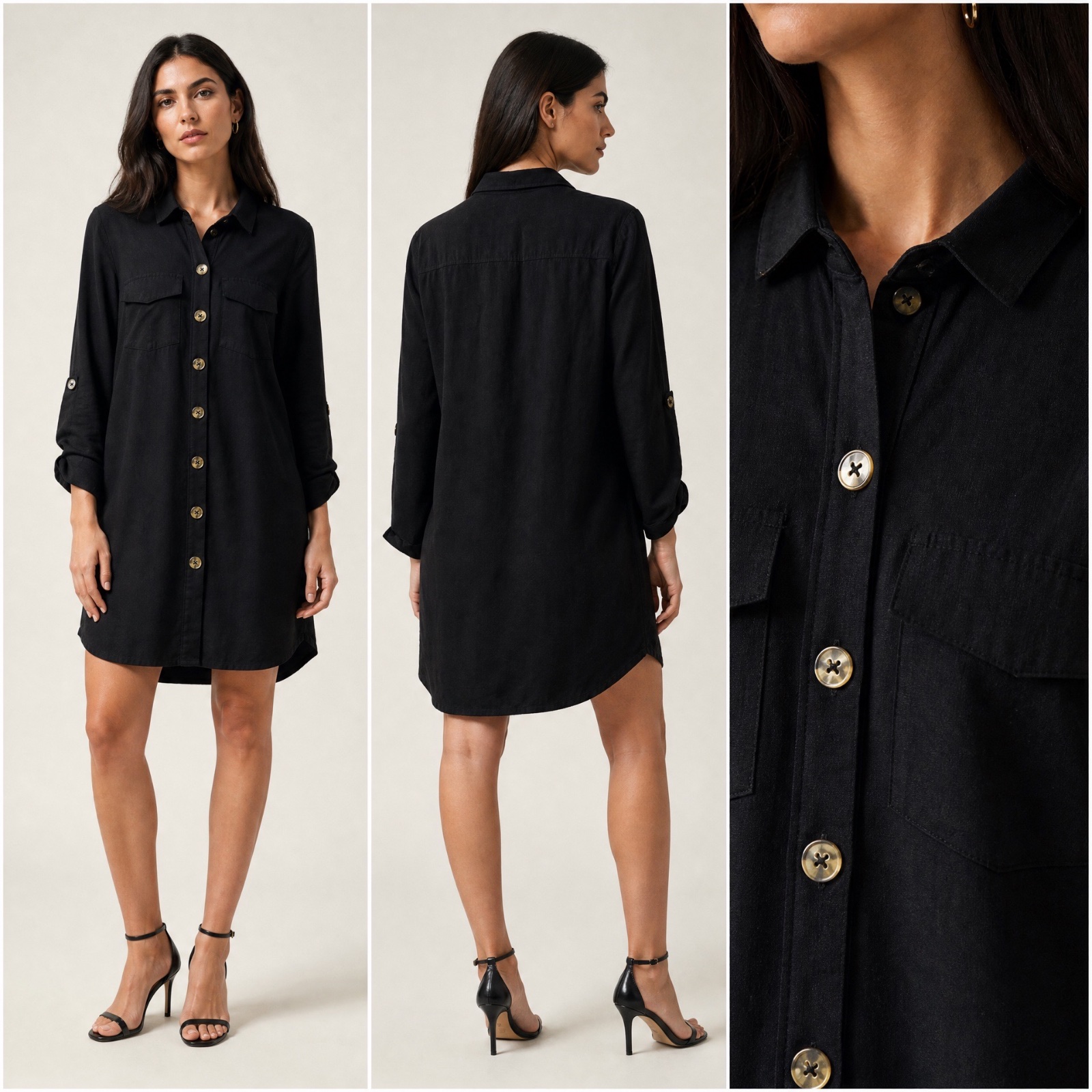 Robe chemise noire Yessica C&A coupe droite fluide – Manches longues ajustables & poches poitrine – Style chic décontracté – État comme neuf ✨🥰🔥✨🌹