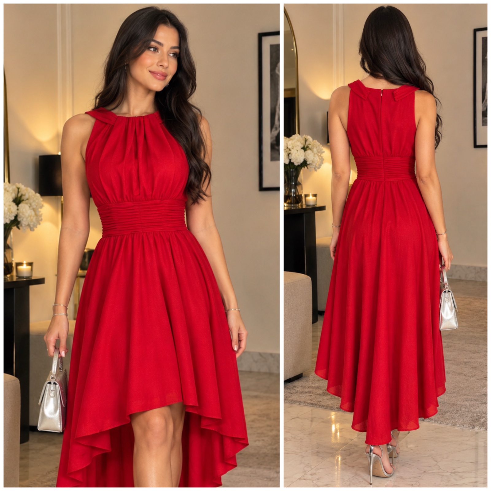 ✨🌹 Robe Rouge Laura Élégante & Féminine ❤️✨ – Coupe Asymétrique Courte Devant & Longue Derrière – Col Plissé Chic & Taille Froncée – Parfaite pour Cérémonie, Soirée ou Occasion✨🌹🥰🔥❤️