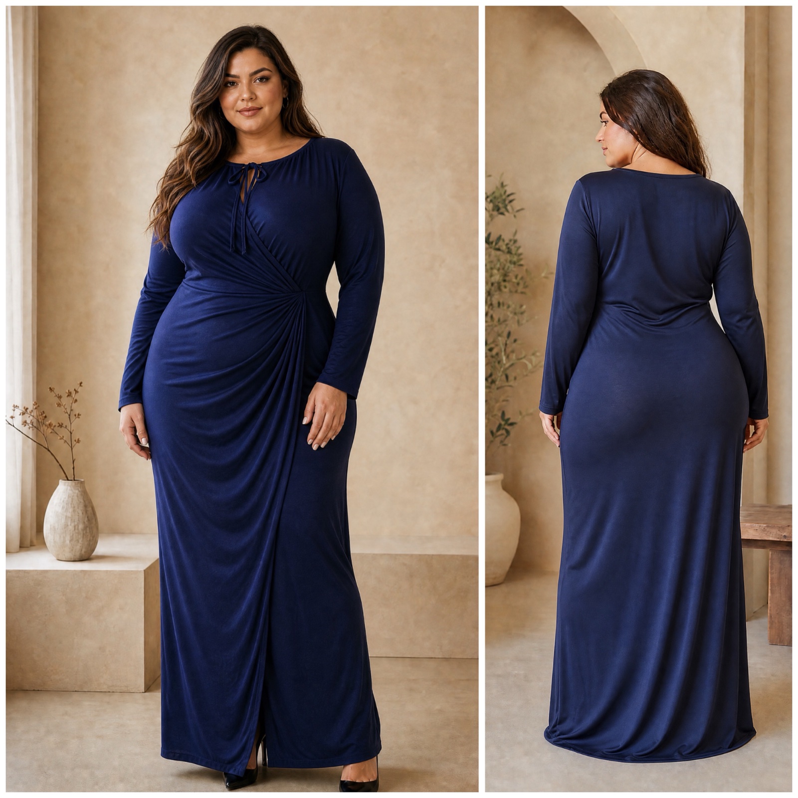 Robe longue bleu marine élégante PrettyLittleThing – taille 50 / UK 22 – coupe portefeuille drapée, manches longues et silhouette curvy chic💙✨🔥🌹