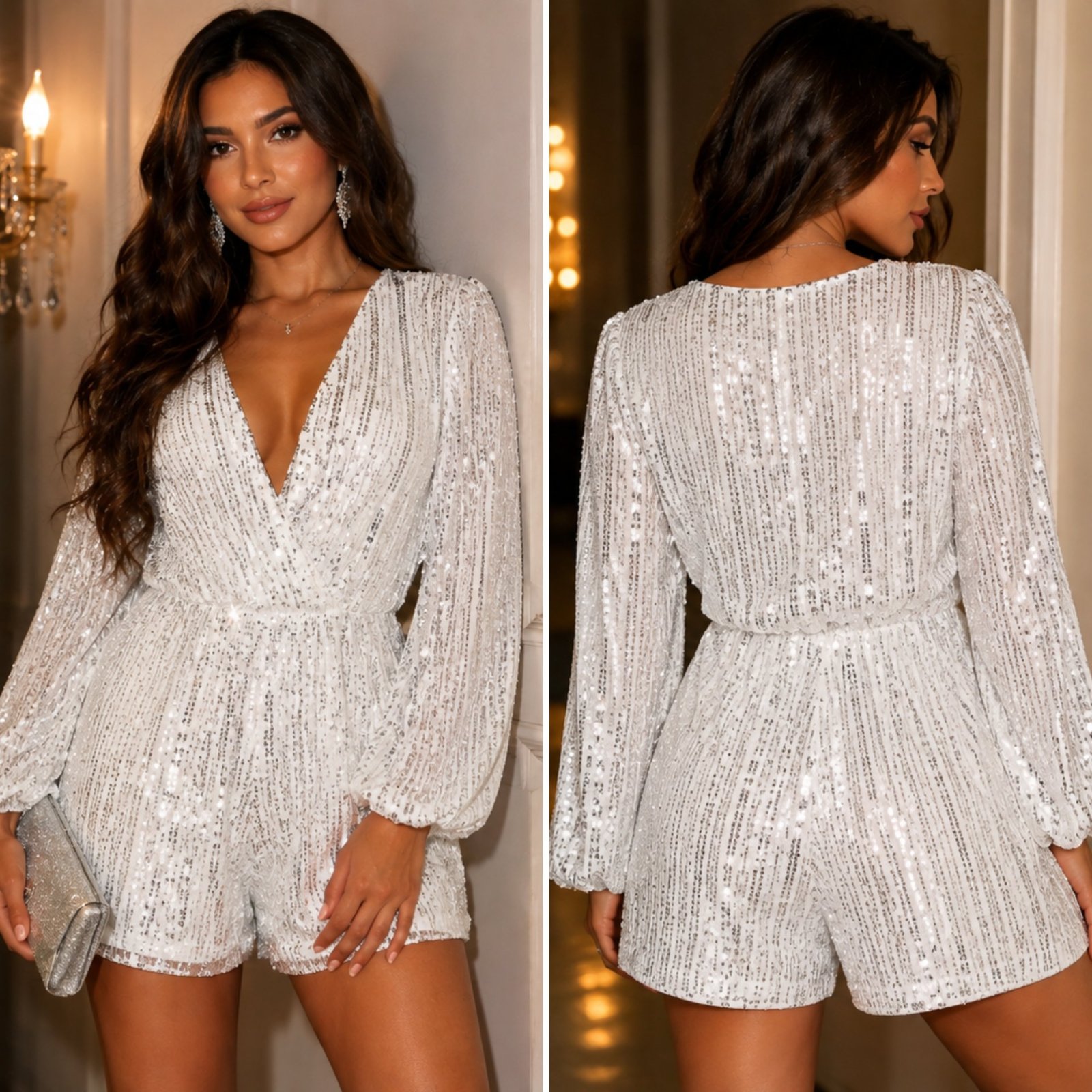 ✨🔥 ✨ Combinaison Boohoo à Sequins Argentés – Glamour Chic & Élégante – Tenue de Soirée Brillante et Tendance ✨🌹🥰🔥✨💞