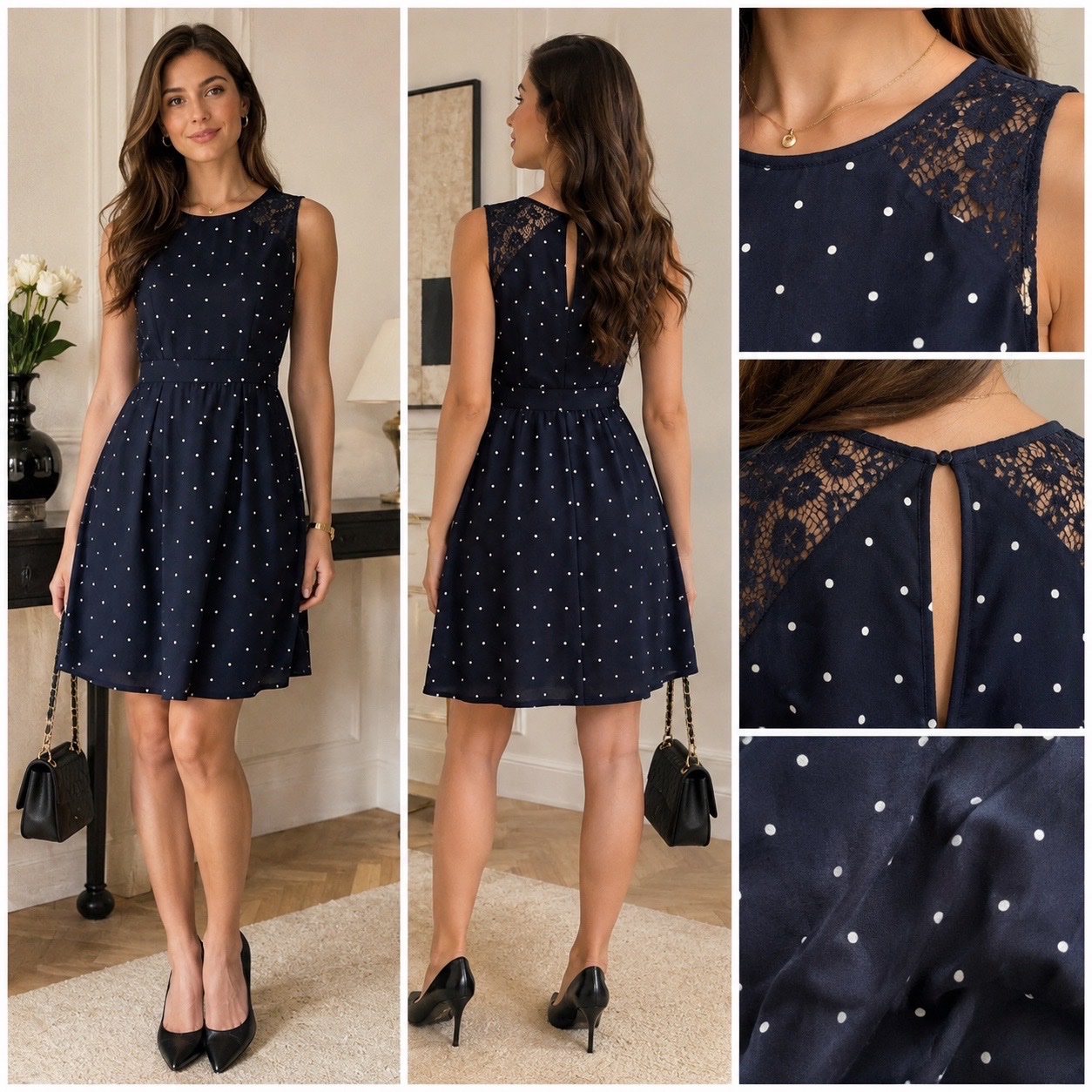 🔥✨Robe TALLY WEiJL bleu marine à pois blancs avec dentelle élégante – Taille 40 – Chic & romantique🔥🥰🌹🔥🥰🌹✨✨🔥