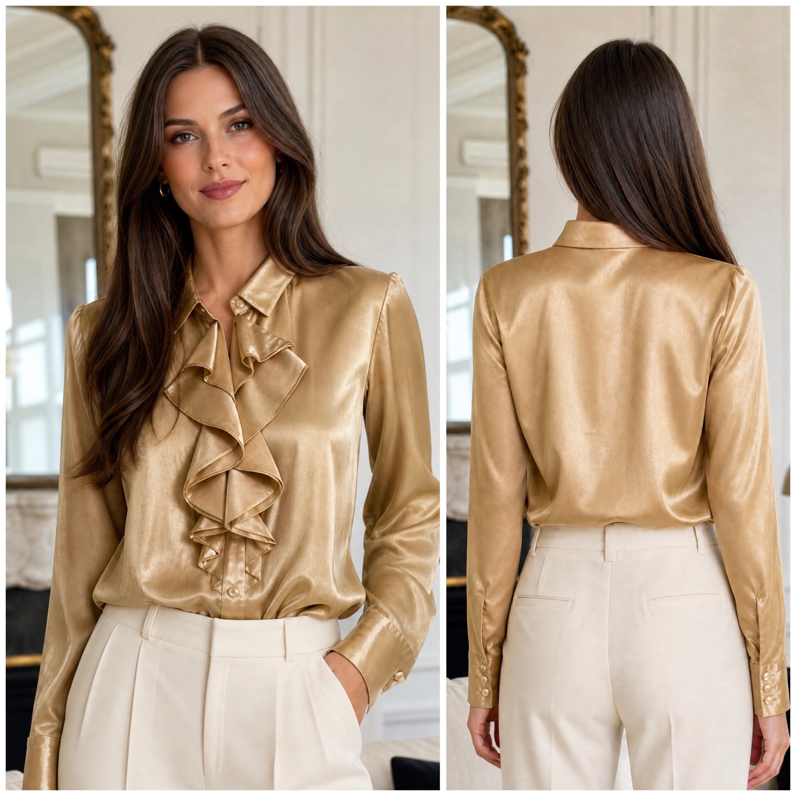 Chemise Monella Vagabonda Dorée Satinée à Volants - Élégance Italienne Chic (Taille L)✨🔥🥰🌹
