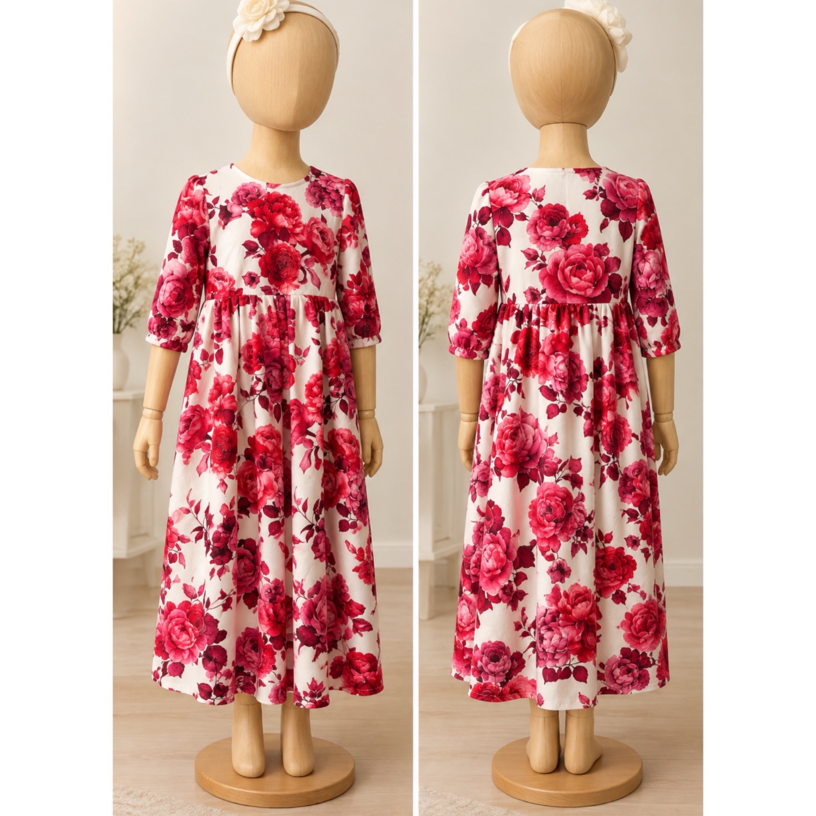 🌹 Jolie robe fillette fleurie rouge & rose • Imprimé roses élégant • Coupe évasée & taille froncée • Tenue chic & adorable ✨🌸🌹
