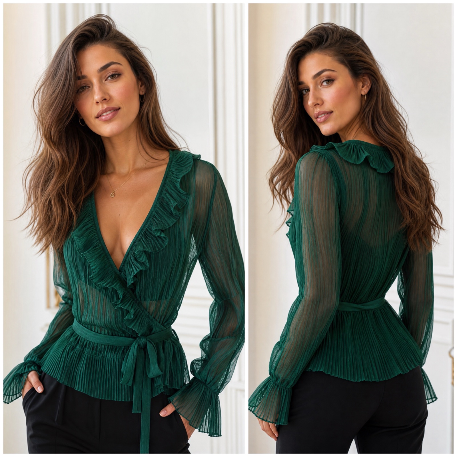 💚✨ Chemisier blouse vert émeraude chic & élégant ✨ Col V volanté plissé • Manches longues bouffantes avec poignets volantés • Taille cintrée avec ceinture • Bas plissé • Style féminin & raffiné 💚🥰🌹🌹🔥