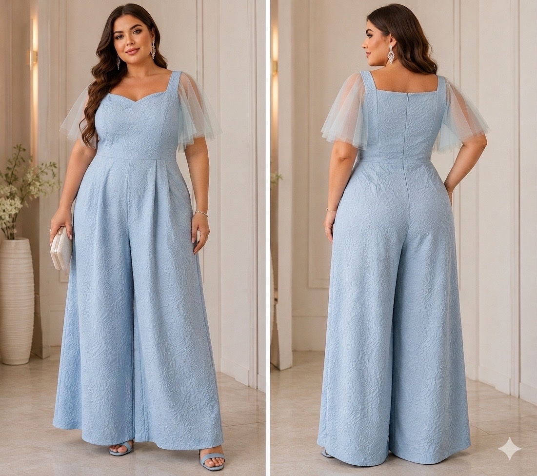 🔥Magnifique combinaison bleu ciel élégante en jacquard avec manches en tulle – Coupe fluide chic grande taille/curvy – Idéale pour soirées, fiançailles et cérémonies.🔥🔥✨🥰🌹🔥💙🩵✨