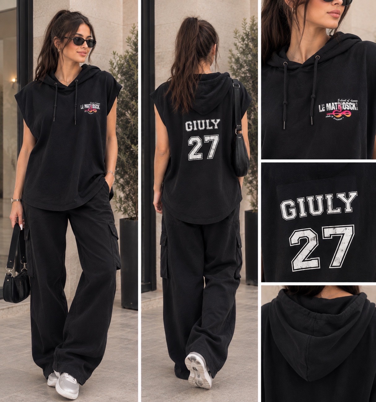 🖤 Haut noir oversize sans manches à capuche – Style sport chic & streetwear – Inscription GIULY 27 au dos – Imprimé graphique coloré sur le devant – Coupe longue & tendance ✨🖤🔥
