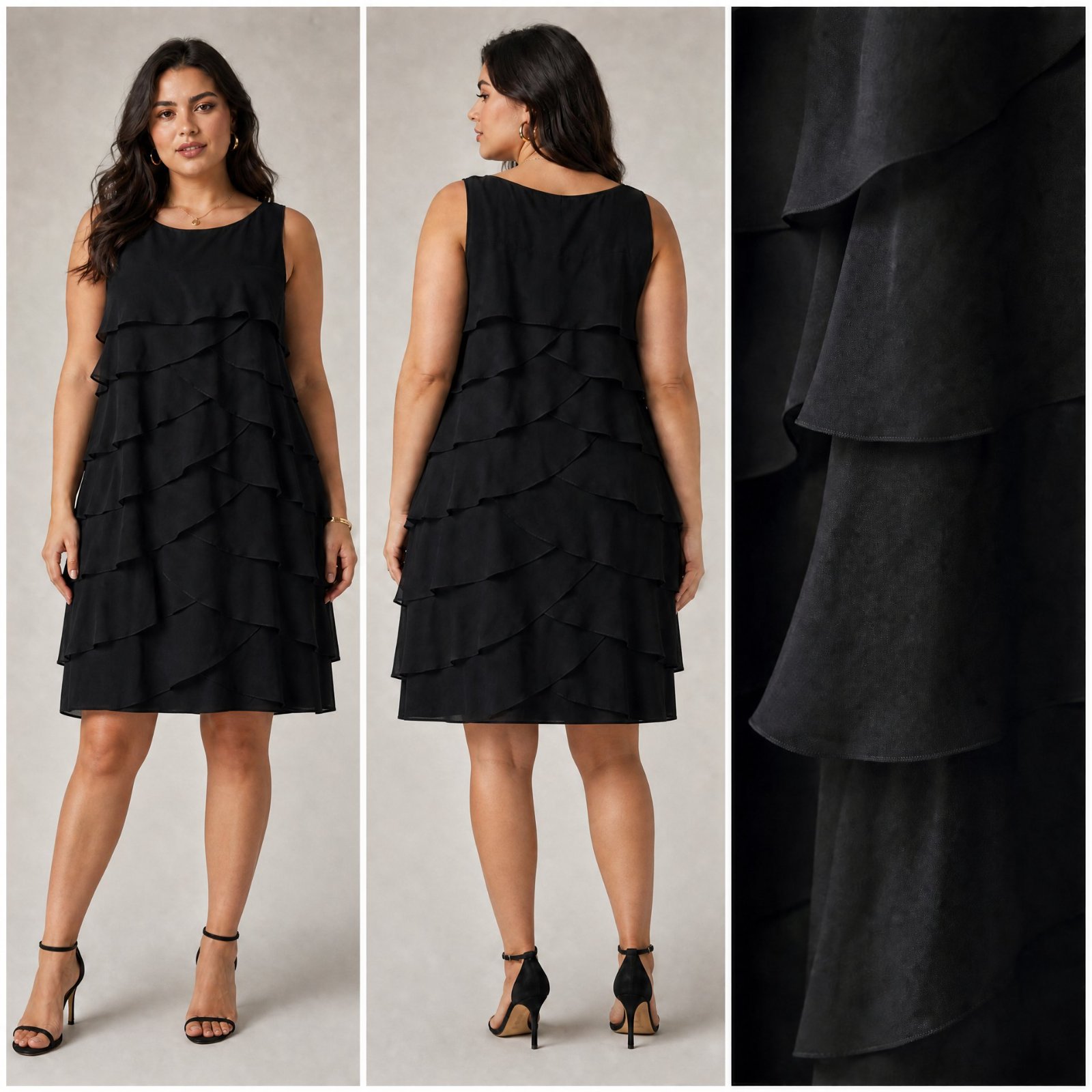 🎀 🦋 Magnifique Robe Noire Sans Manches à Volants Superposés 💎 Coupe Fluide ultra Confortable — Taille 46 🌟 État Neuf 🎀