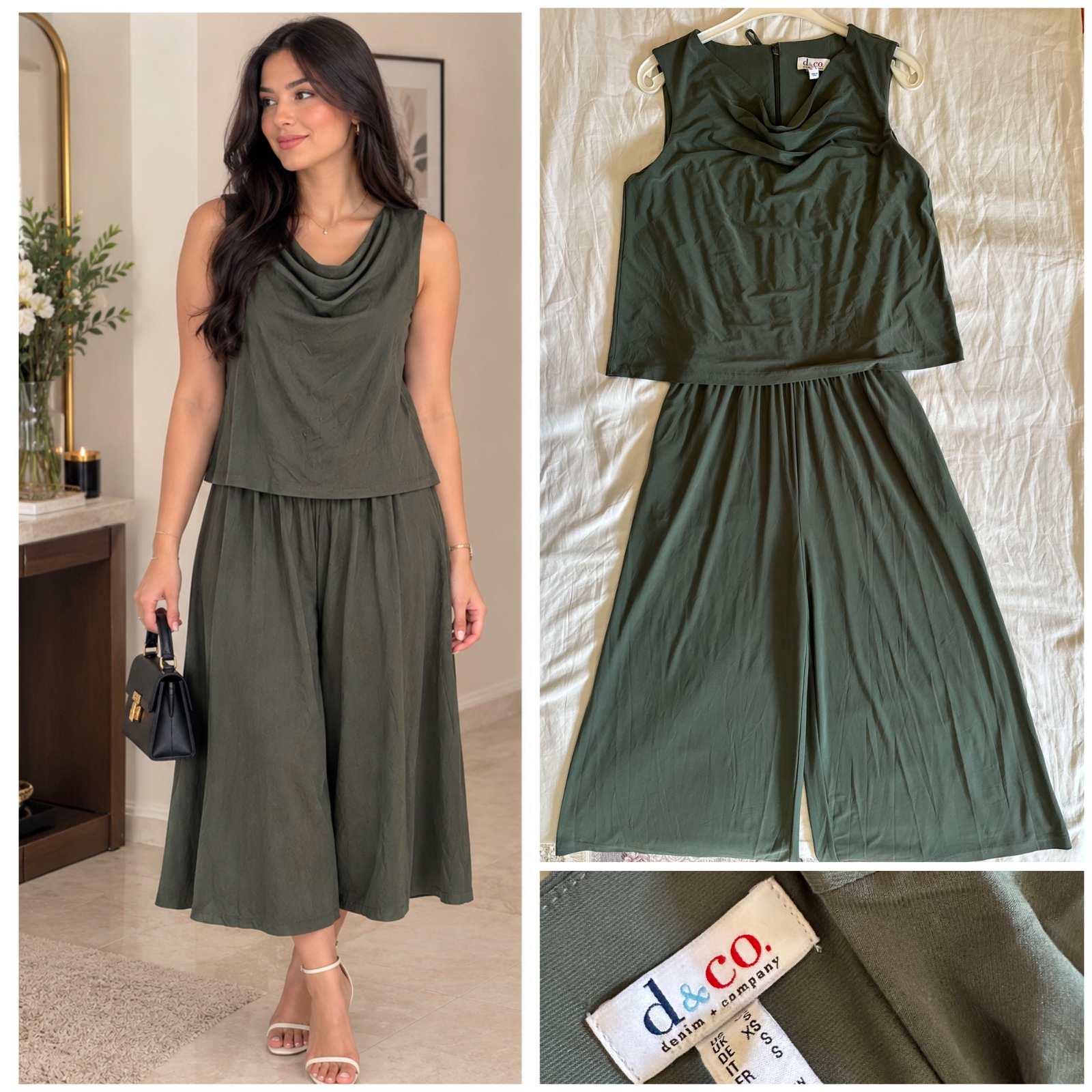 Combinaison pantalon fluide vert kaki chic et élégante 💚 Décolleté drapé raffiné sans manches – Style sophistiqué pour été, sorties et occasions🌹❤️🔥