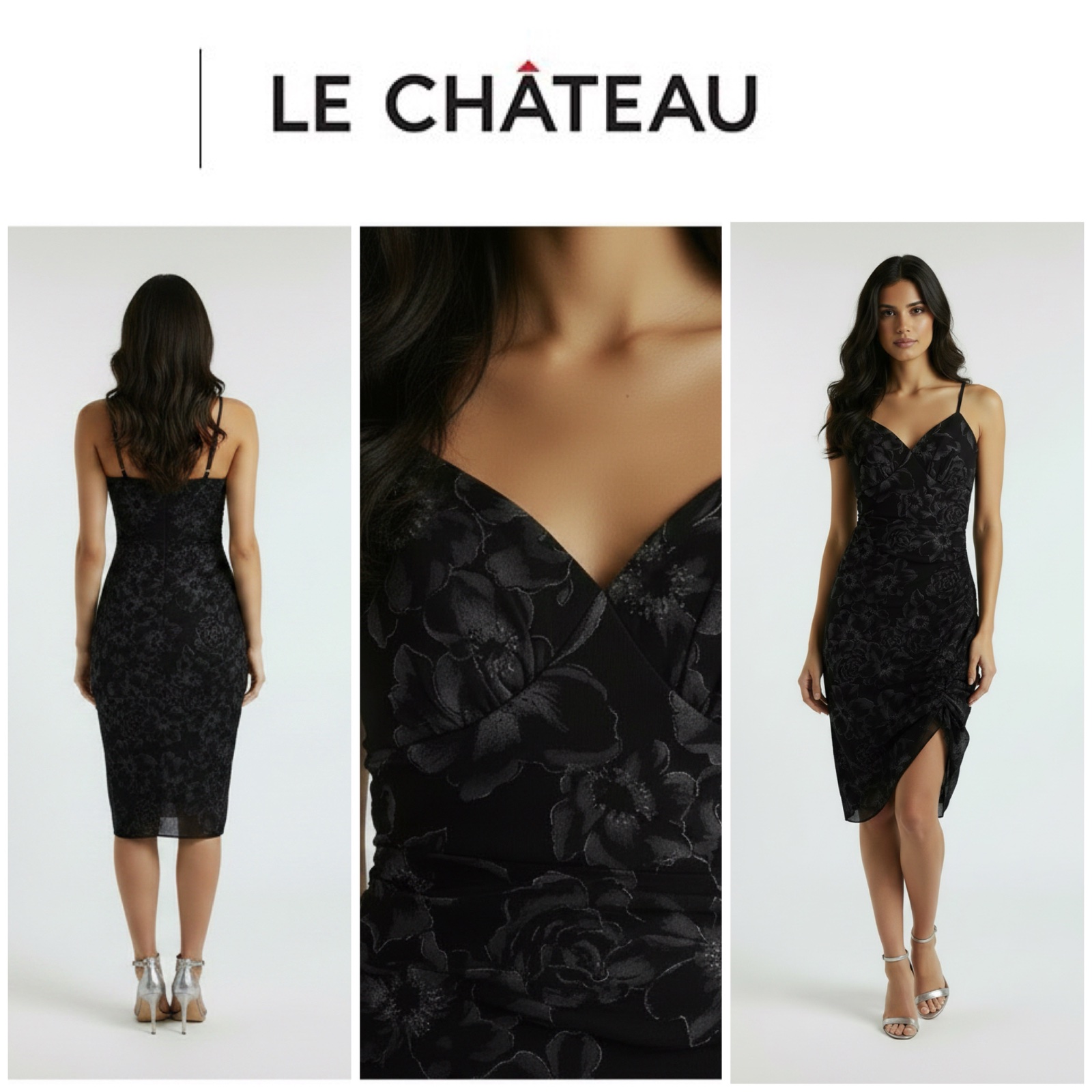 🖤🔥 Robe Le Château noire à motifs floraux satinés – Élégante & raffinée – Coupe drapée avec fente côté – Taille tunisienne 36– Parfaite pour soirée, dîner ou événement chic ✨🔥✨🌹🥰✨
