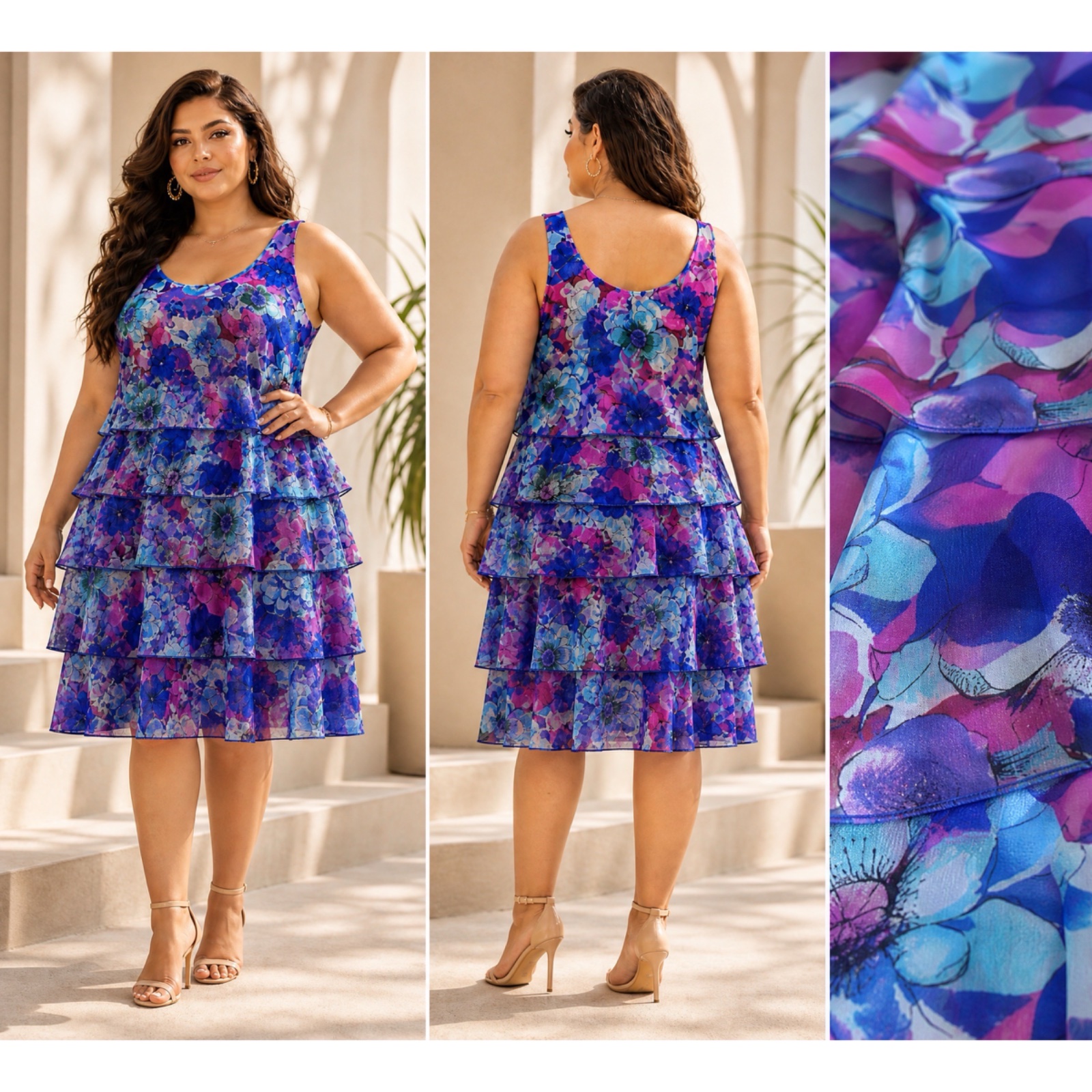 🌸 ✨Robe Fluide à Volants Donna Bella Luxury ✨ Motif Floral Violet/Bleu 🇮🇹 Made in Italy • Taille XXL (Excellent État)🔥💕💜🌹🌸✨🔥