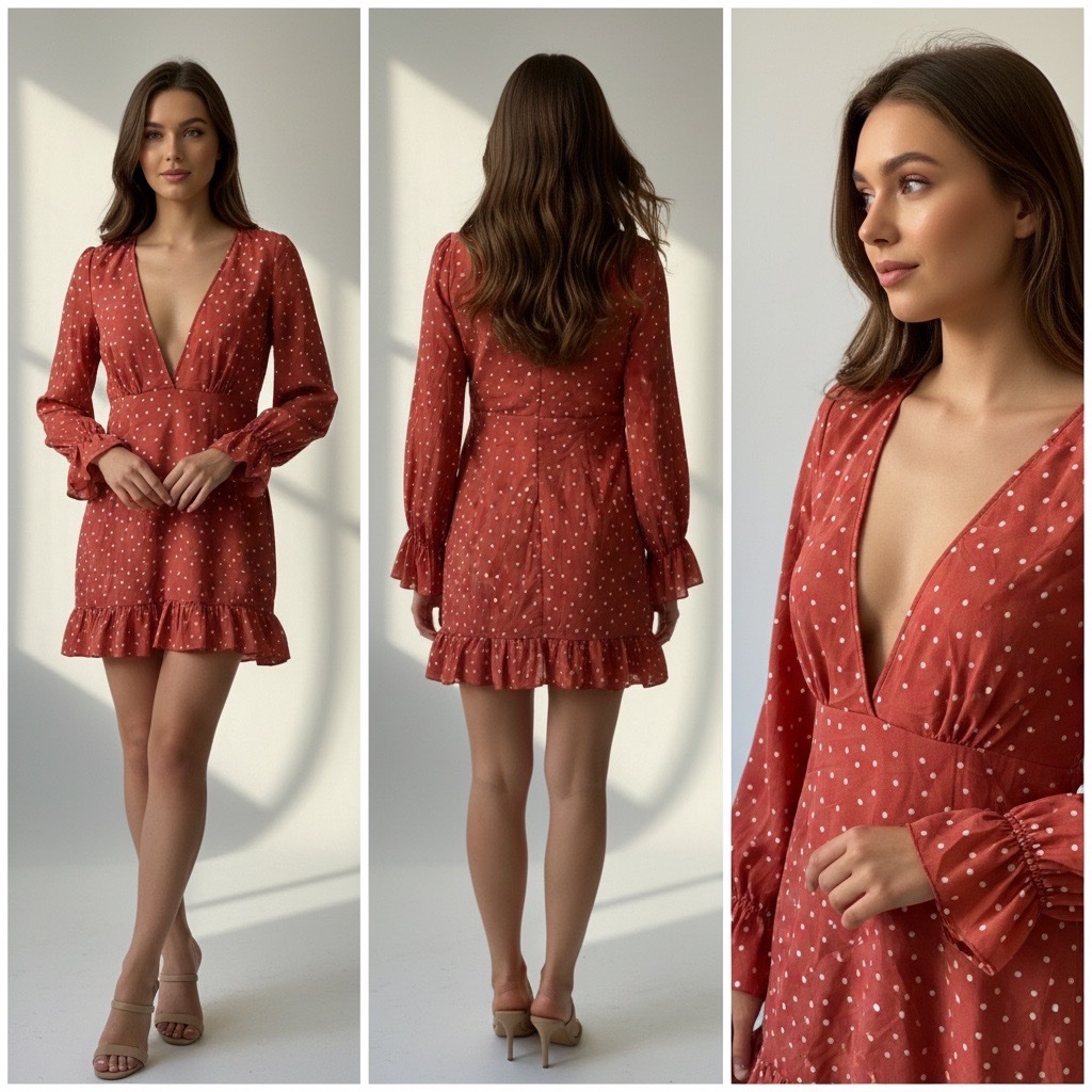 Robe Patineuse Mini Nasty Gal Corail  à Pois Blancs – Manches Longues Volantées & Col V Plongeant – Neuve sans Étiquette, Taille 38 (FR) 🎀💃🔥🥰🔥✨