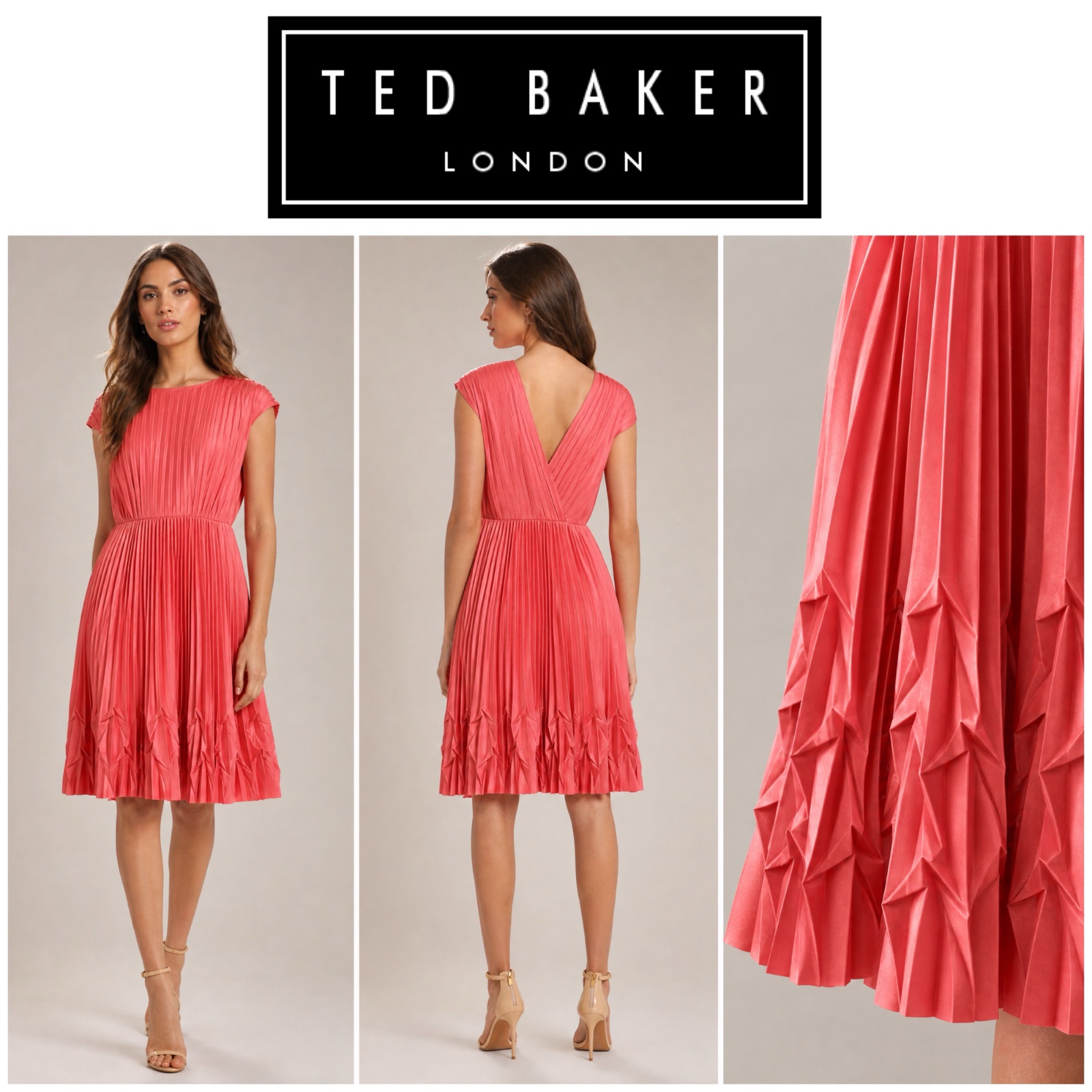 ✨💖 TED BAKER LONDON – Magnifique robe corail plissée, dos en V, coupe élégante & féminine, idéale cérémonie, mariage, soirée – Taille 3 (M/L) ✨🌸🌹🔥🥰🌸