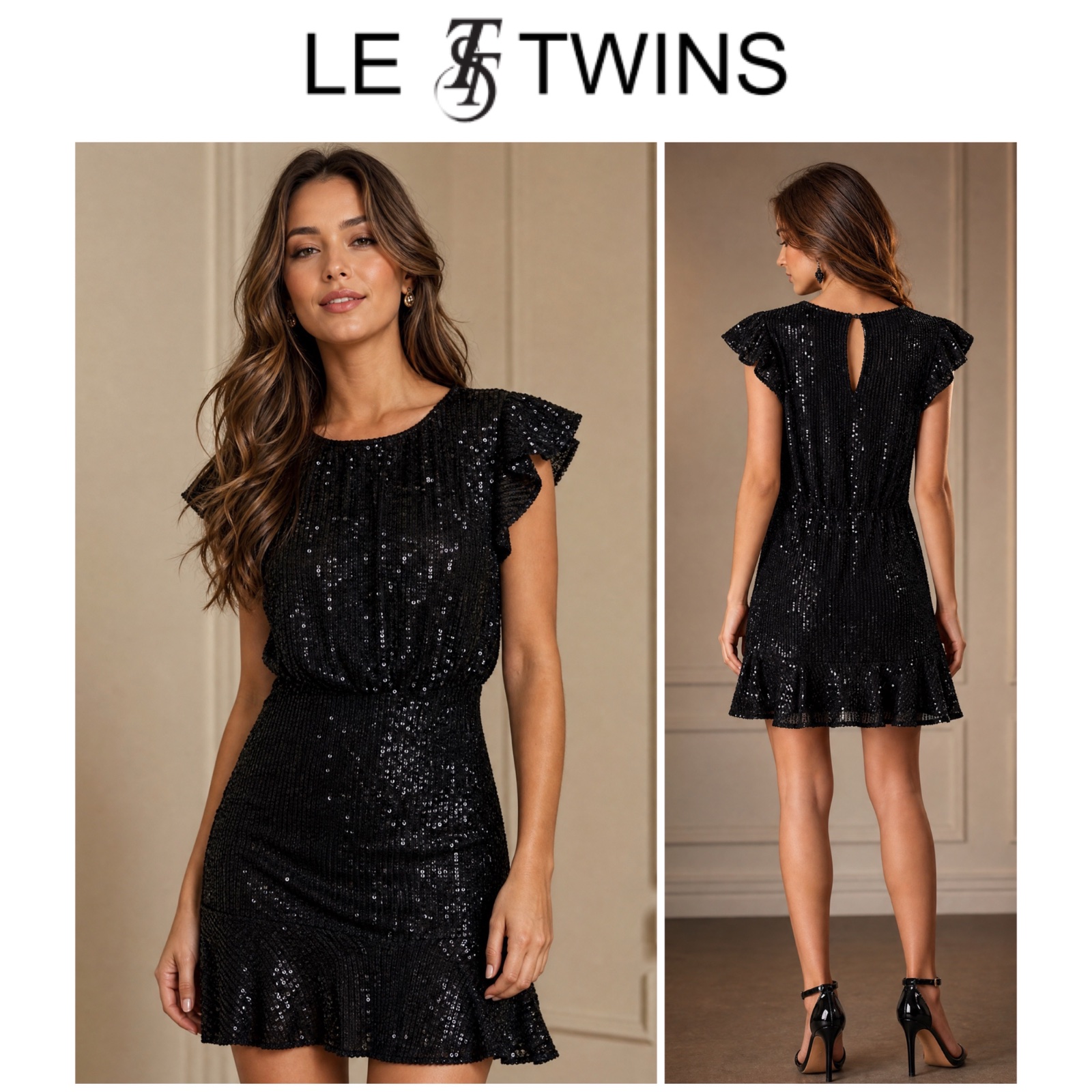 ✨🖤 💎 Pièce de Créateur : Robe Courte Le Twins Full Sequins Noirs – Coupe Cintrée & Bas Volanté – Qualité Premium Irréprochable 💎🌸🌹🥰✨🔥