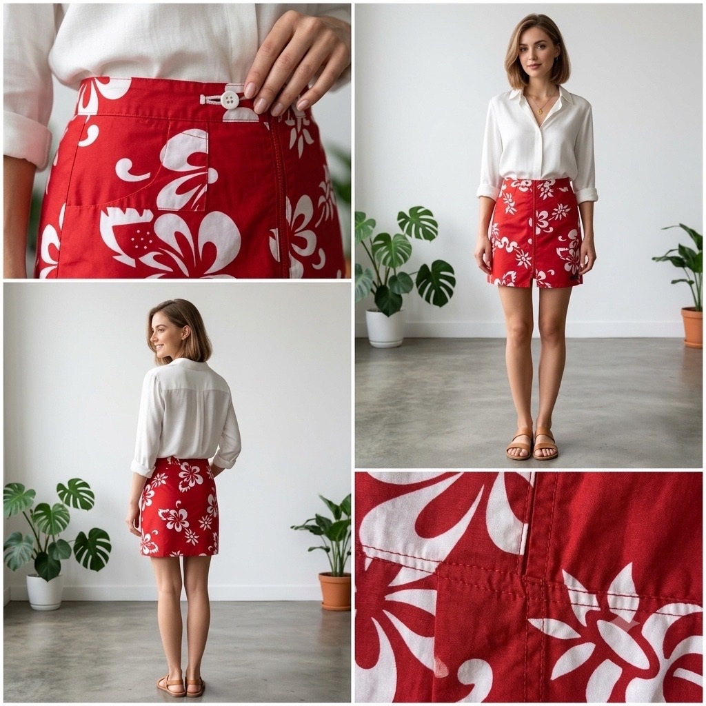 ✨🌺 Jupe courte ESPRIT rouge à fleurs hawaïennes 🌺✨ • Style Y2K / Vintage • Zip frontal & poches • Taille S🛍️🔥