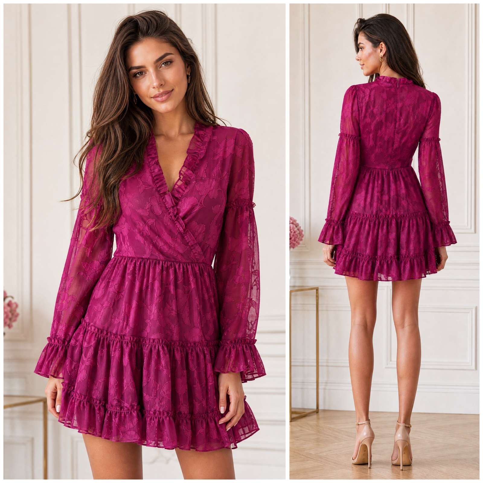 🌸 Magnifique Robe Mini Boohoo Petite Fuchsia Éclatant – Voile Texturé Fleuri & Volants Romantiques – Taille 36 – État Impeccable🌸🌹💜🥰🌸✨🔥