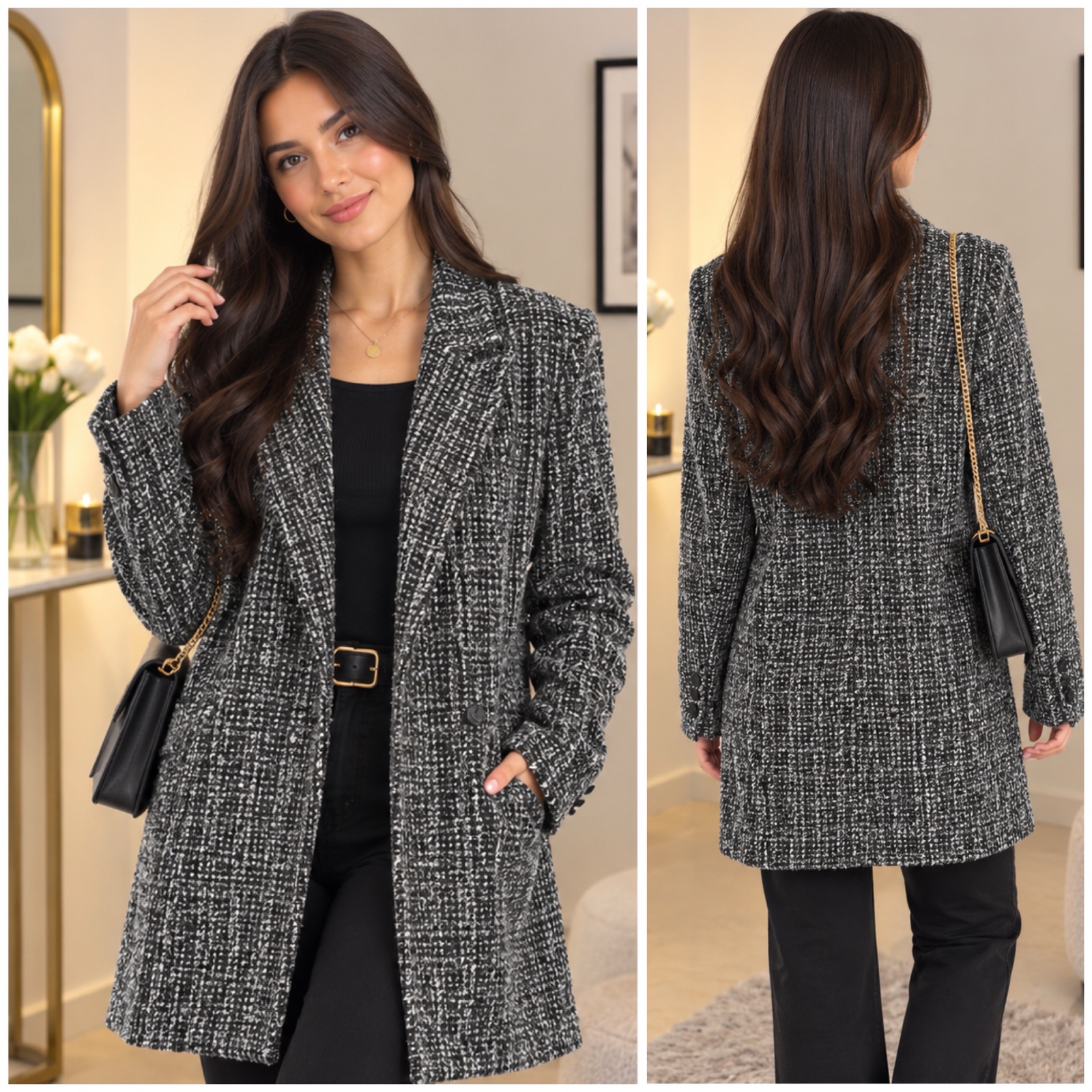 🔥 🖤 Blazer-Manteau Mango MNG à Carreaux Noir & Blanc – Coupe Oversize Chic, Élégante et Tendance – Style Parisien Femme 🖤✨🔥