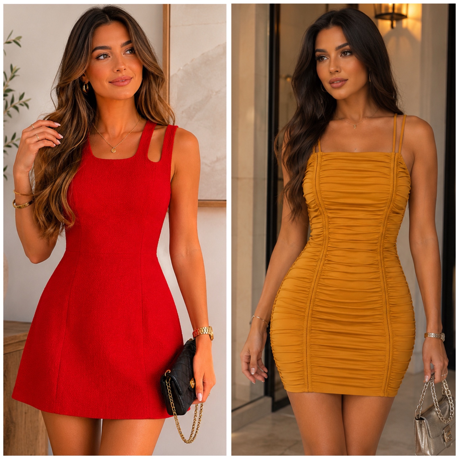 🔥 LOT DE 2 ROBES ULTRA FÉMININES & TENDANCE ❤️💛 – Robe Rouge Chic Évasée + Robe Moutarde Froncée Ajustée – Look Sexy, Élégant & Irrésistible ✨🔥🌹✨🥰❤️💛