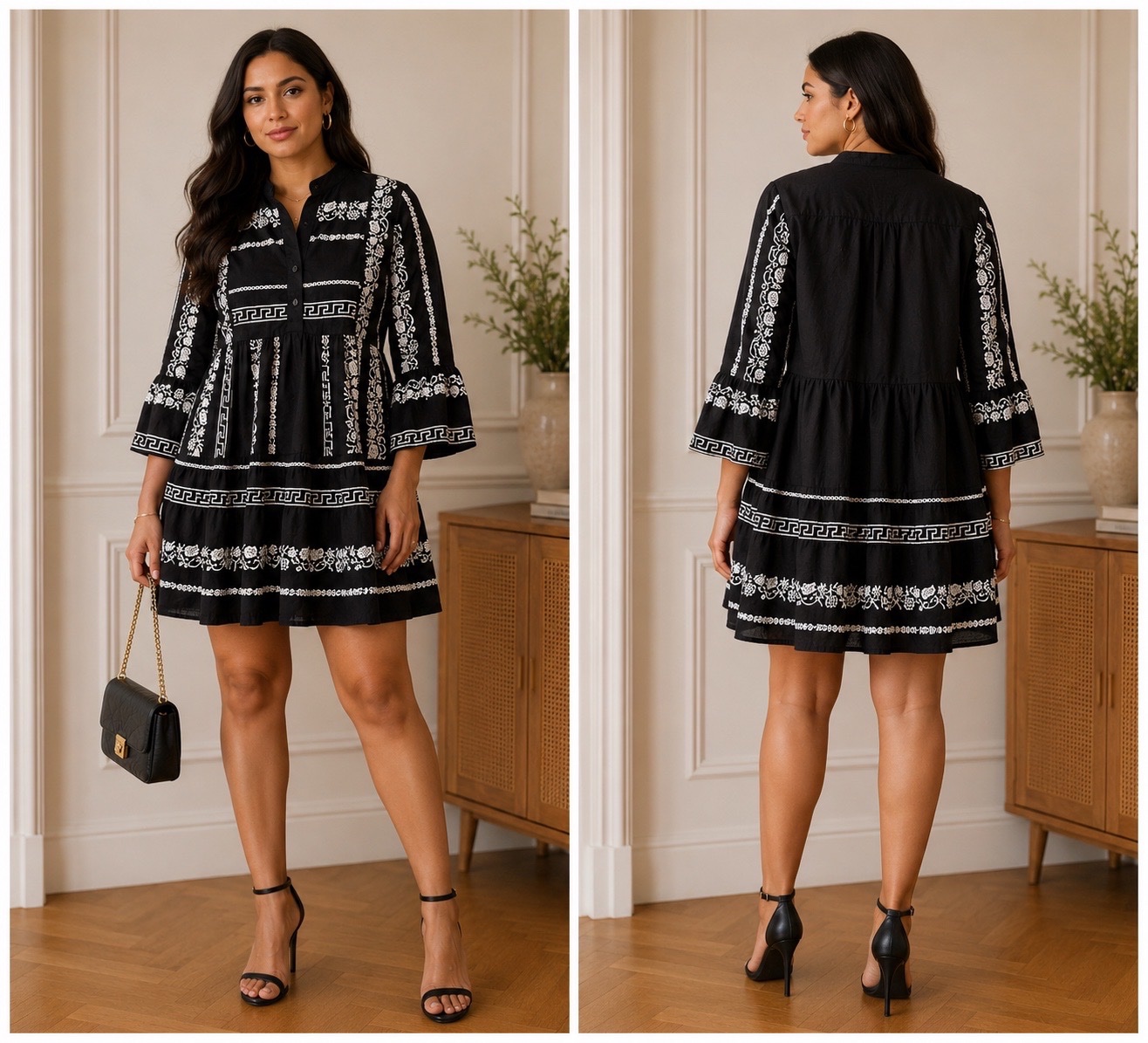 Robe bohème Jaipur noire brodée blanc – Style bohème chic premium – 100% coton – Taille S/M 🤍🖤
