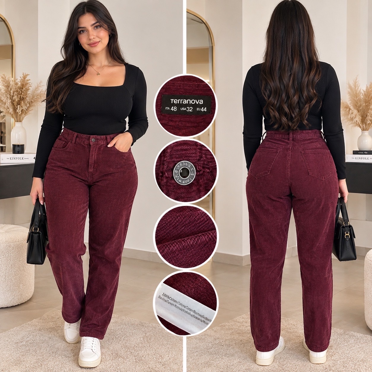 🌹🔥 Pantalon Terranova en velours côtelé bordeaux – Taille 44 EU / 48 IT – Coupe droite chic & élégante, taille haute, 100% coton 🤎✨🔥🌹✨🥰