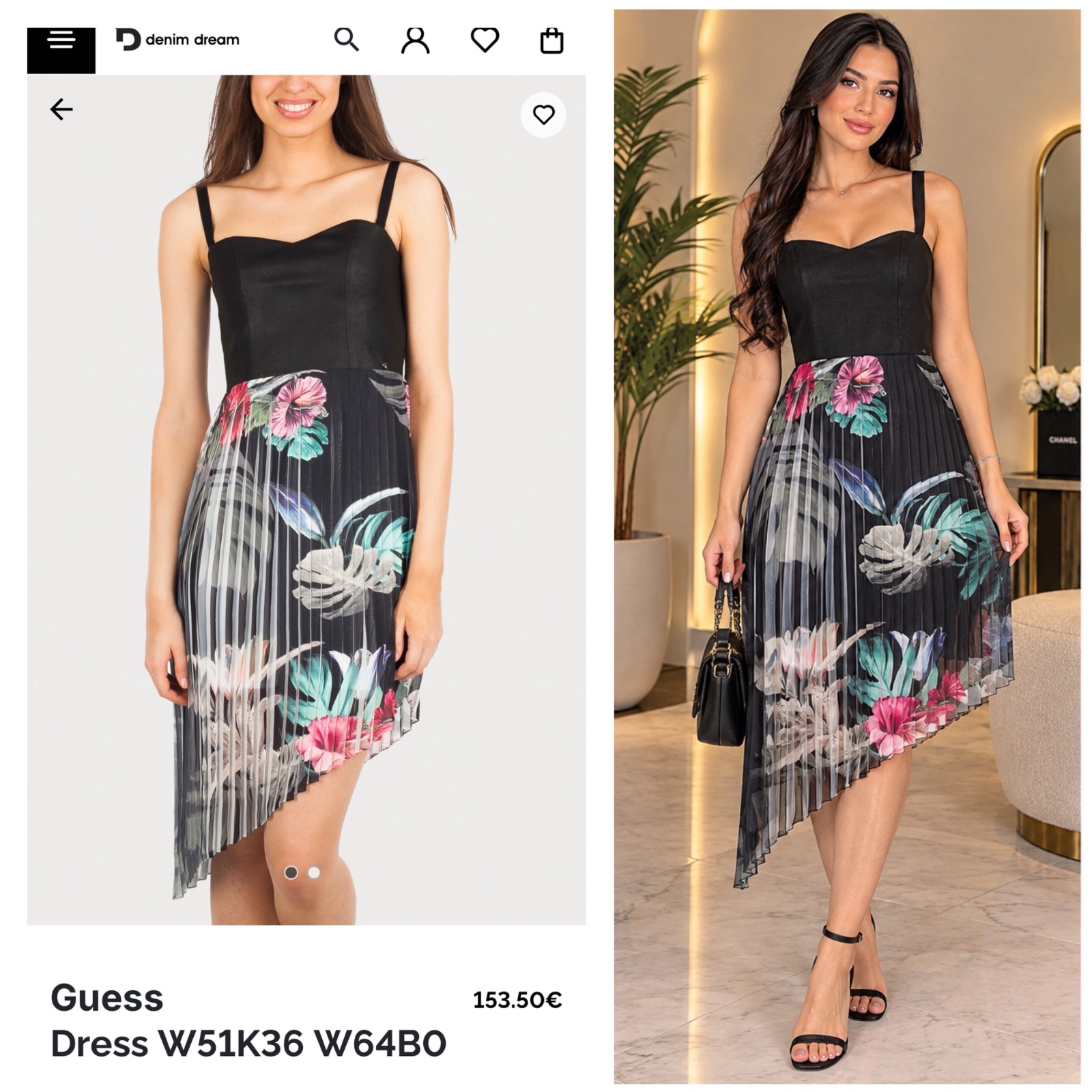 🌺 GUESS✨ Robe Femme Chic & Élégante Noir Fleuri 🌸 Jupe Plissée Asymétrique – Bustier Structuré – Bretelles Fines – Coupe Féminine & Raffinée – Parfaite Soirée, Dîner & Cérémonie 🖤🎀🔥✨🔥🌸