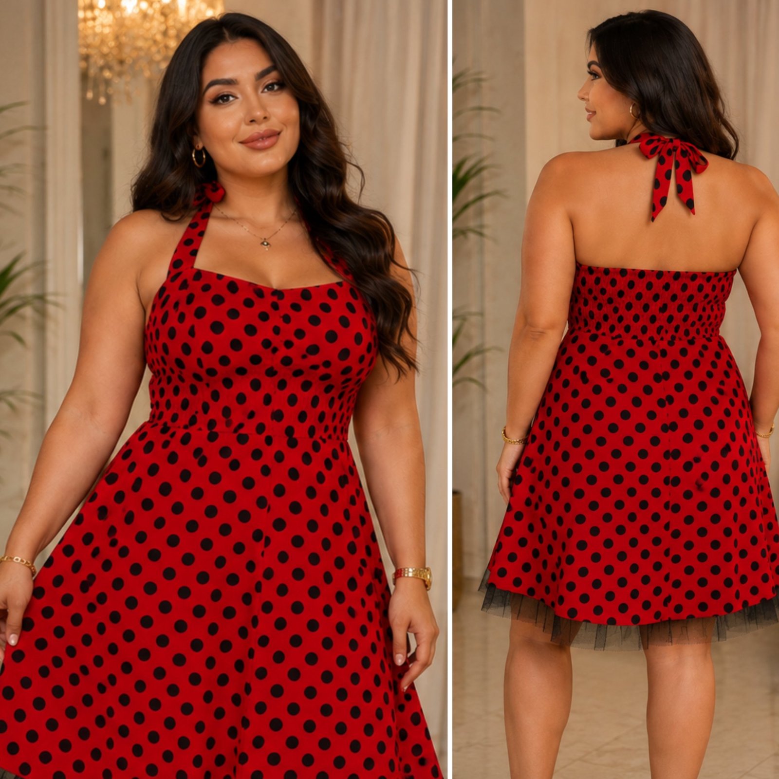 🌹❤️‍🔥Robe vintage rouge à pois noirs 🎀 style pin-up chic & féminine – dos nu/col halter noué – jupe évasée avec finition tulle noir – longueur genoux🔥🌹🎀🔥✨