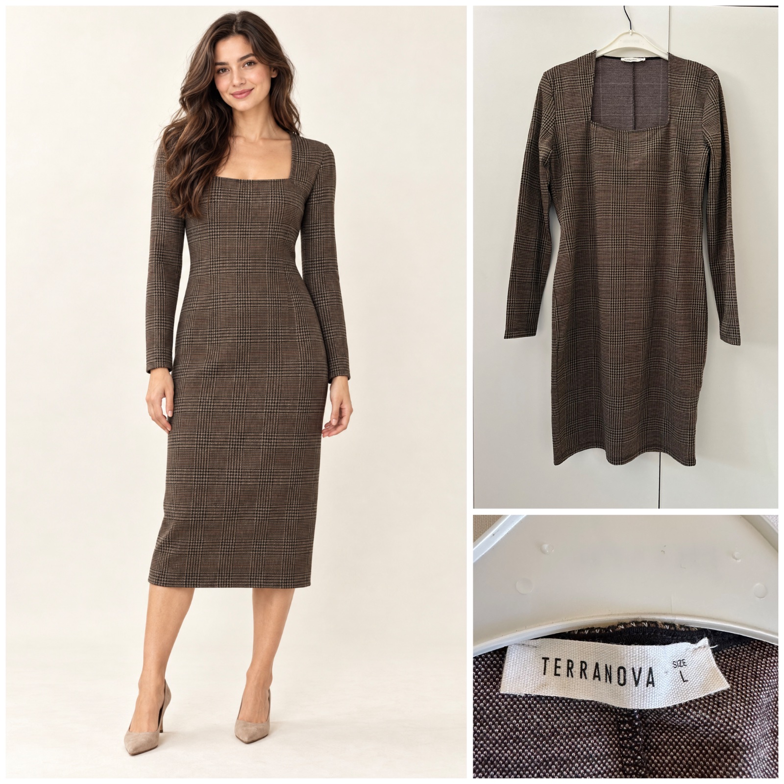 🔥 🤎 Robe TERRANOVA à carreaux marron – Coupe ajustée élégante, col carré & manches longues, style chic intemporel ✨🔥🤎🌹