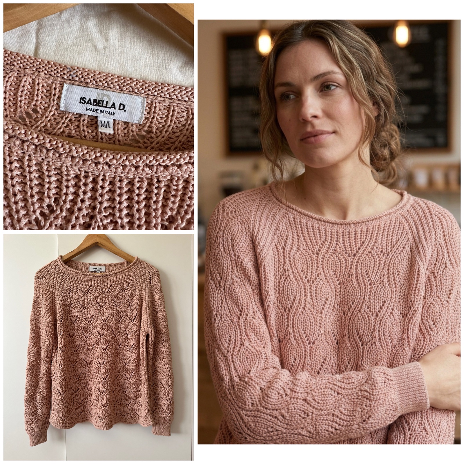 Pull en maille ajourée rose poudré - Isabella D. (Made in Italy) 💞