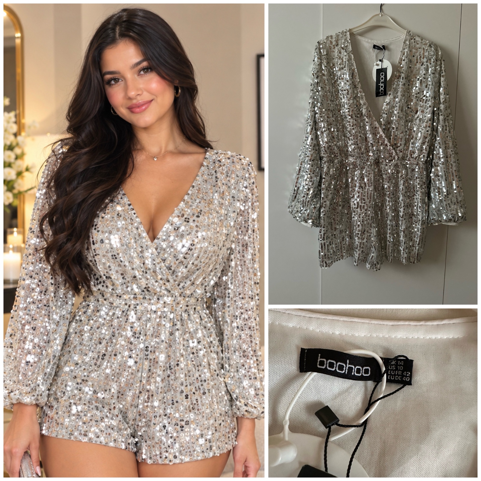 🤍✨ Combinaison Short BOOHOO à Sequins Argentés – Magnifique Combishort Chic & Glamour, Décolleté Cache-Cœur, Taille Marquée & Manches Longues Bouffantes ✨🤍🔥🌹