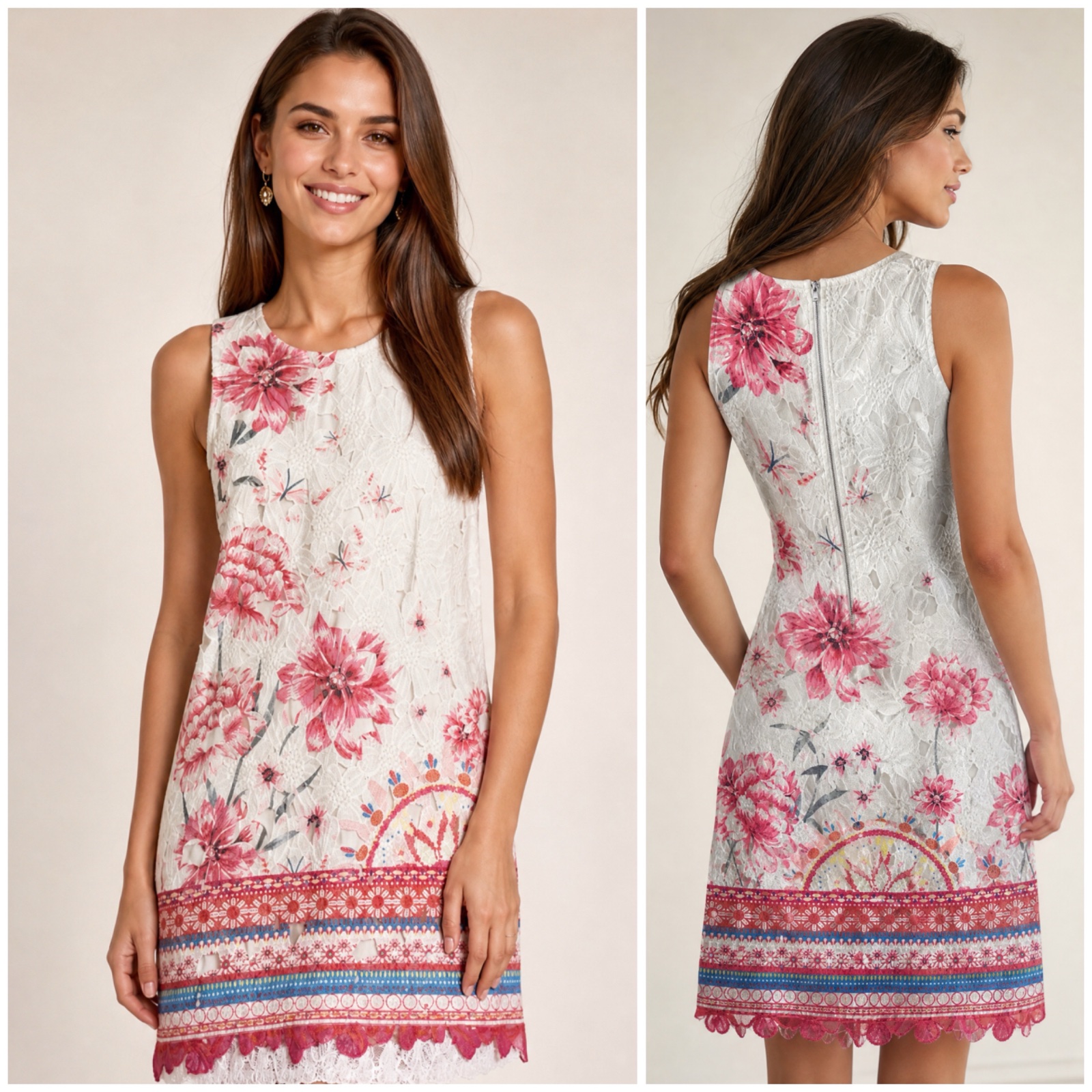 🌸🔥 Robe APRICOT blanche en dentelle fleurie 🌸✨ imprimé floral rose & multicolore – coupe élégante sans manches – finition brodée colorée – robe chic et féminine parfaite pour l’été, sorties & occasions 💕✨🥰🔥🌸