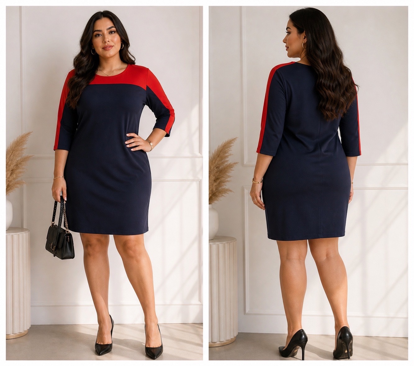 ✨ Robe Chic Bicolore Bleu Marine & Rouge – Coupe Élégante & Flatteuse, Style Moderne pour Silhouette Curvy, Manches 3/4, Longueur au Genou, Look Classe & Intemporel – Essentials by Tchibo Taille 🔥🔥🌹✨🌹