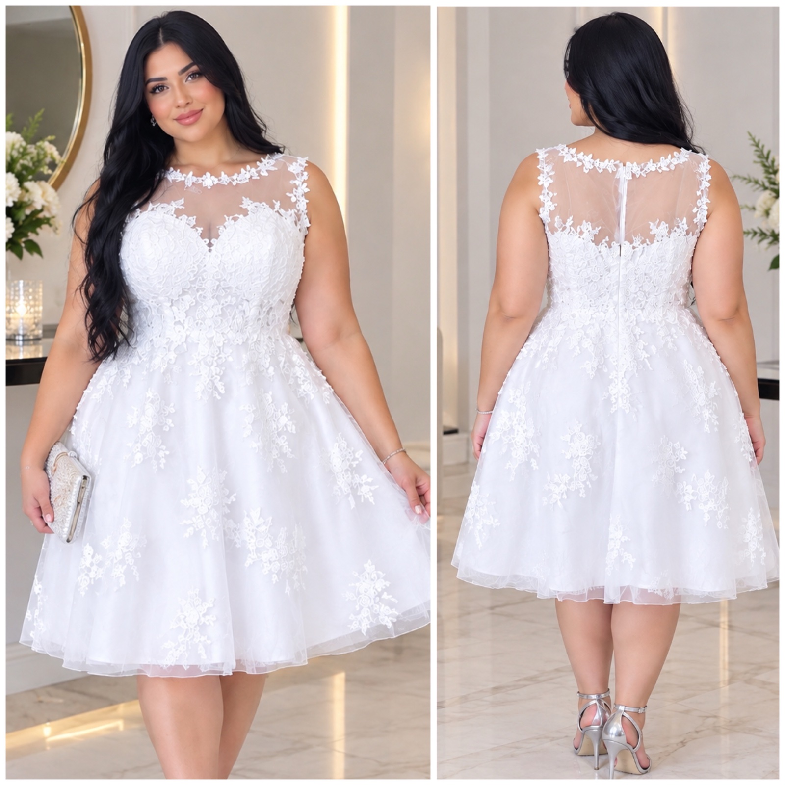 🤍✨ Magnifique Robe Blanche en Dentelle Florale & Tulle ✨👗 Coupe Évasée Féminine & Élégante • Détails Raffinés • Look Chic & Romantique • Parfaite pour Cérémonie, Fiançailles, Mariage Civil ou Soirée 🌸💎 ✨🤍