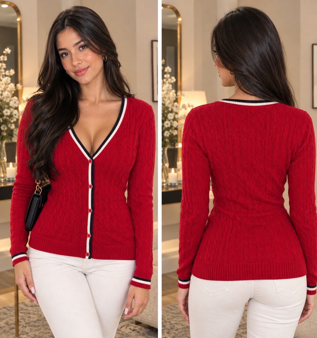 🌹✨ ❤️ Gilet Rouge Chic & Féminin ✨ Women Essentials – Maille Torsadée – Col V Rayé Noir & Blanc – Coupe Ajustée & Élégante – Boutonné – Style Classique & Tendance 👗🌹✨🔥🥰