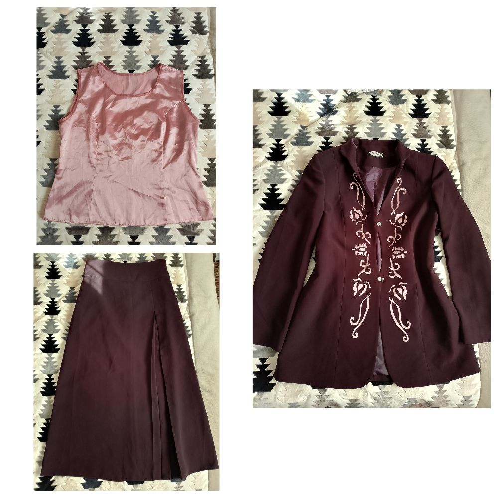 Ensemble 3 pièces 💕 mhtout taille 46 mais la veste tlabes 40 w jupe mn9sa fih taille 40 mais yt7al ylabes haata 44 💕