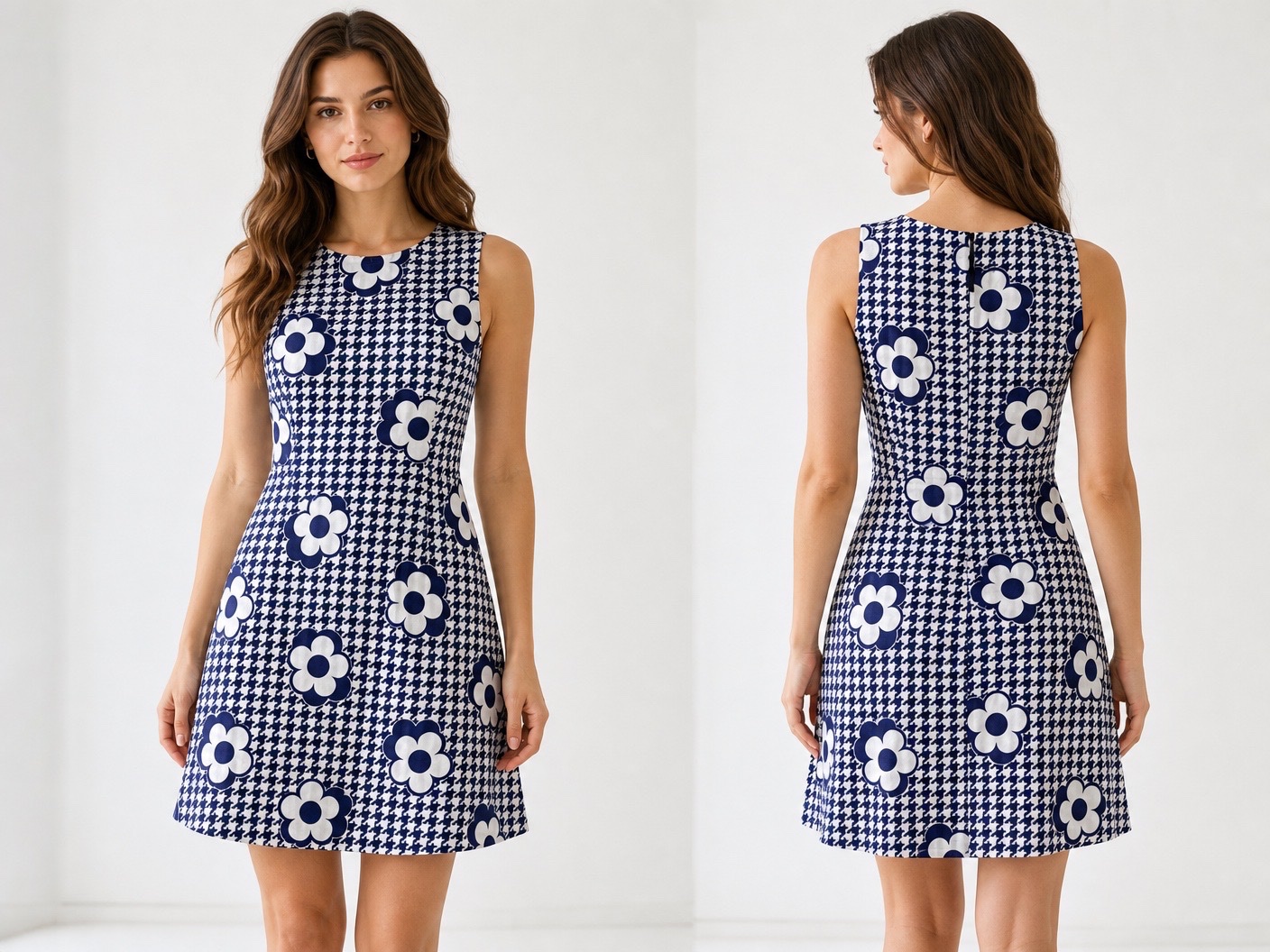 Robe Courte Vintage Style Sixties Bleue et Blanche – Double Motif Pied-de-Poule & Grandes Fleurs Rétro Chic – 100% Coton Supérieur (Baumwolle) – État Neuf ✨🔥💞🔥💙✨🥰🔥💞🌸