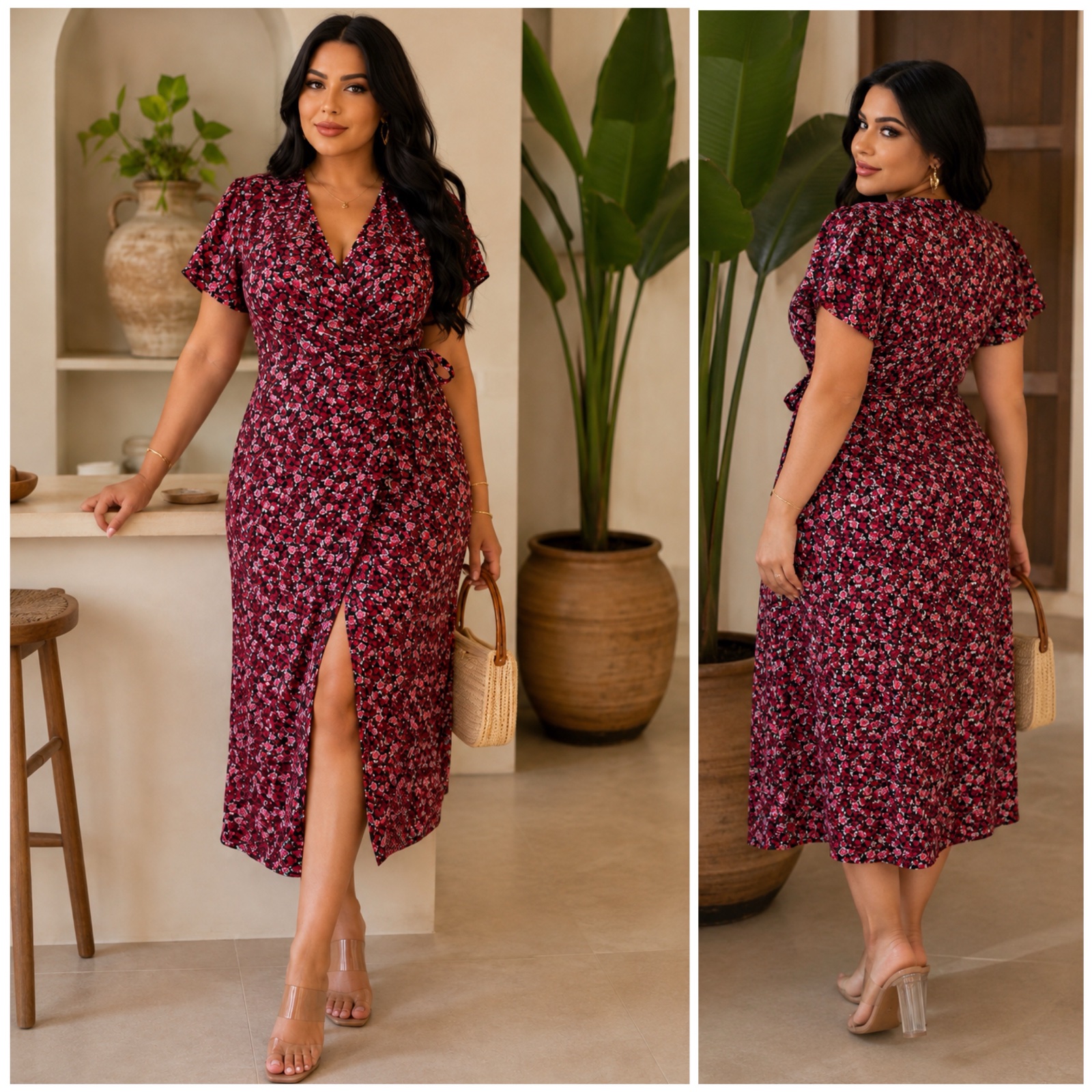 🌸 Robe fleurie KIABI – Coupe portefeuille élégante et féminine – Taille 46 – Ceinture à nouer – Manches courtes volantées – Imprimé floral chic – Idéale été, sorties & occasions🔥🌸✨🌹