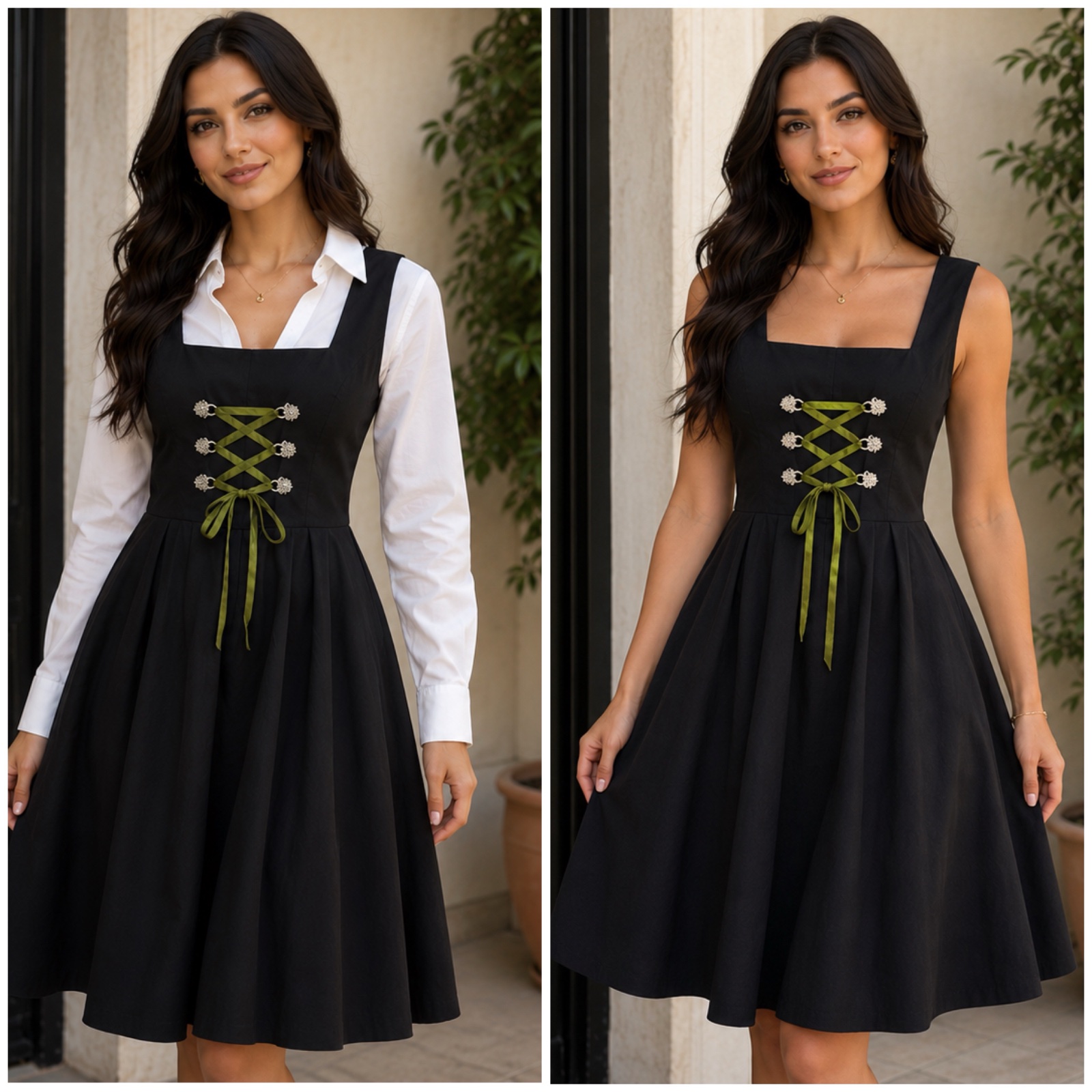 🖤✨ Magnifique Robe Noire Style Dirndl Élégante & Féminine – Détails Lacets Satin Vert Olive et Ornements Floraux – Coupe Cintrée Taille Marquée – Look Chic, Romantique et Intemporel – Taille 42 ✨🖤🔥✨💕💚🌹🤍