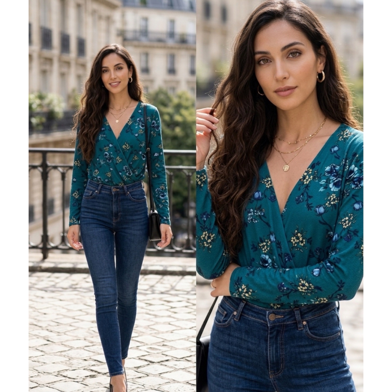 ✨ Body Cache-Cœur Fleuri Bershka – Vert Canard Chic (Taille S) • État Neuf ✨🌹🔥