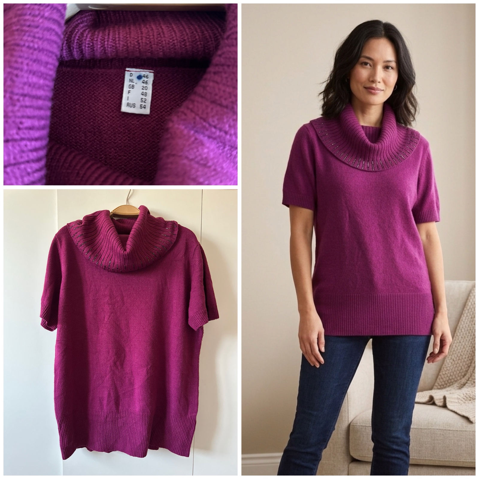 Haut en maille prune à col bénitier perlé – Taille 46/48 🌹💜