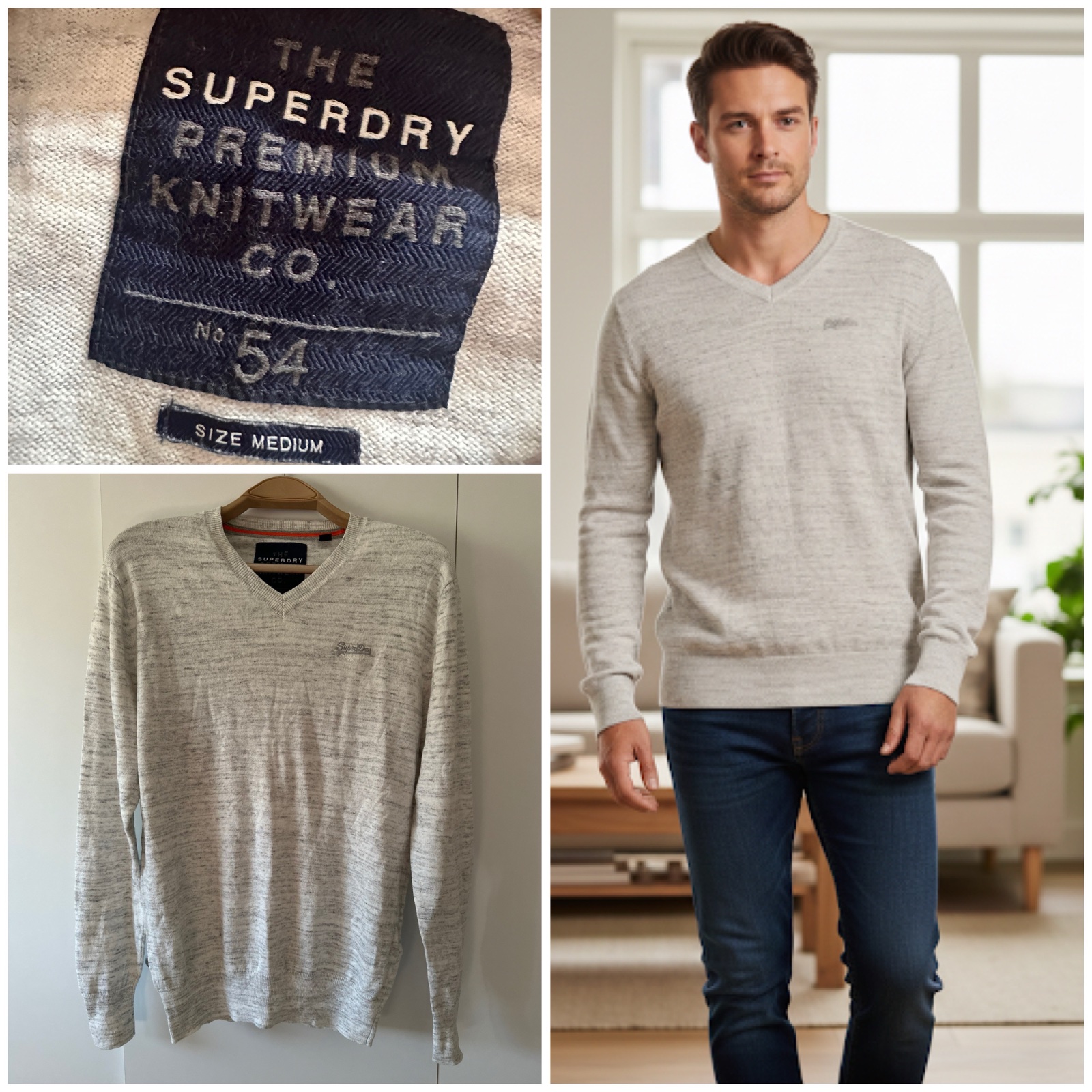 Pull Col V Superdry Premium - Gris Chiné - Taille M🩶