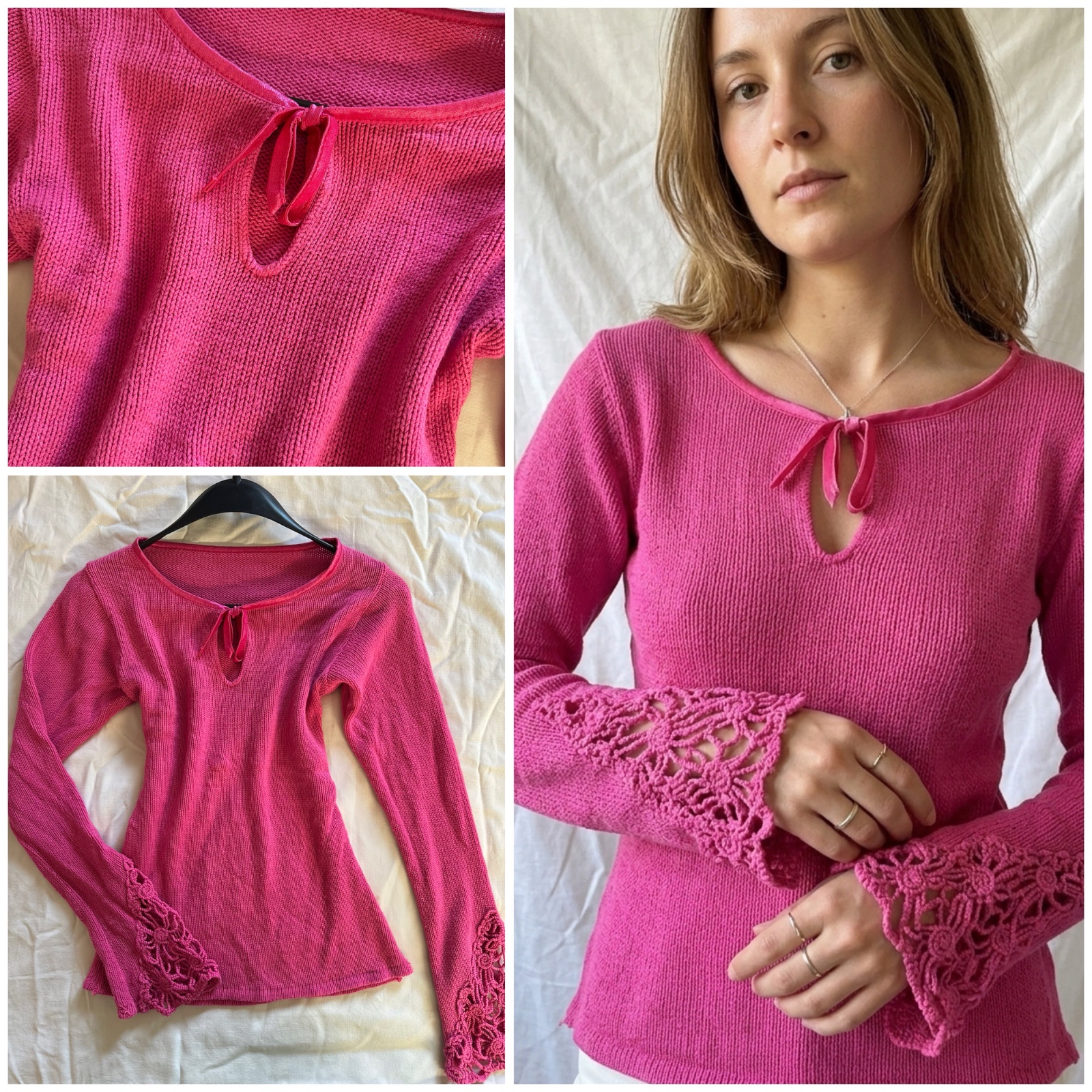 🌸 Pull en maille rose fuchsia – Détails Crochet & Nœud Satin 🌸