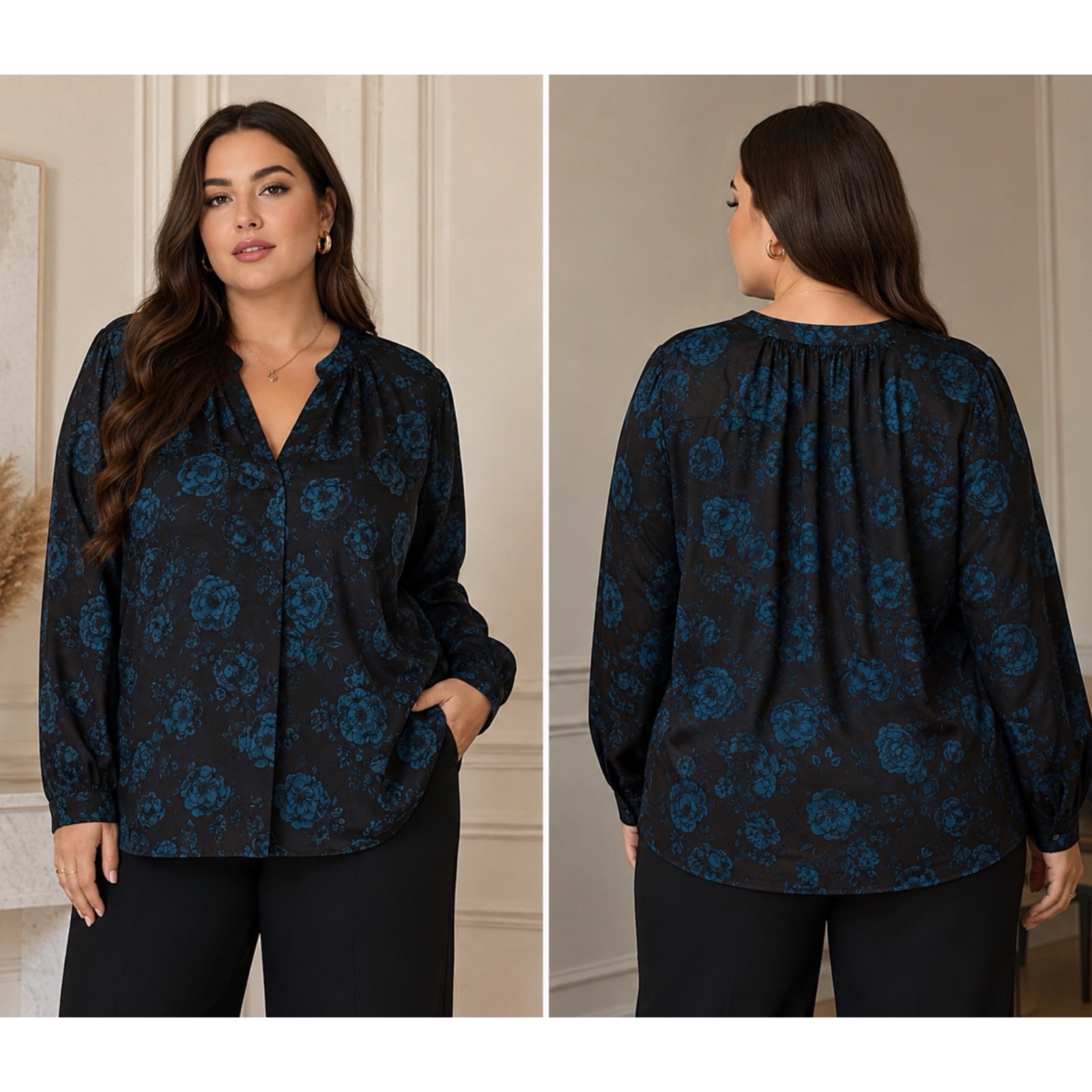 ✨Magnifique blouse BODYFLIRT grande taille noire à imprimé floral bleu – Chic, élégante et fluide – Taille 54 EU🔥🥰🌹✨🔥🥰💙