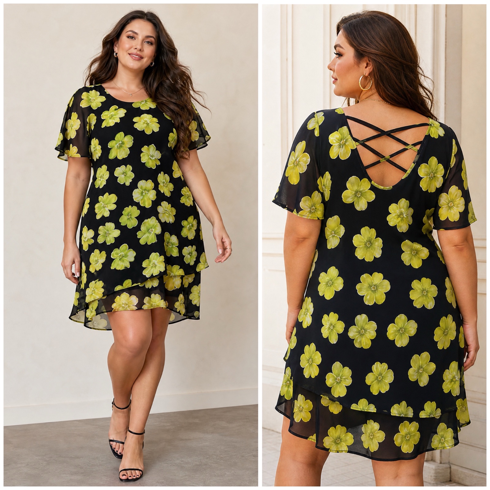🌼Robe Your 6th Sense C&A | Fleurie Vert Chartreuse sur Noir | Dos Ouvert Croisé | Fluide & Élégante | Taille Libre | Collection Rare🌹✨🔥🥰💛🌼
