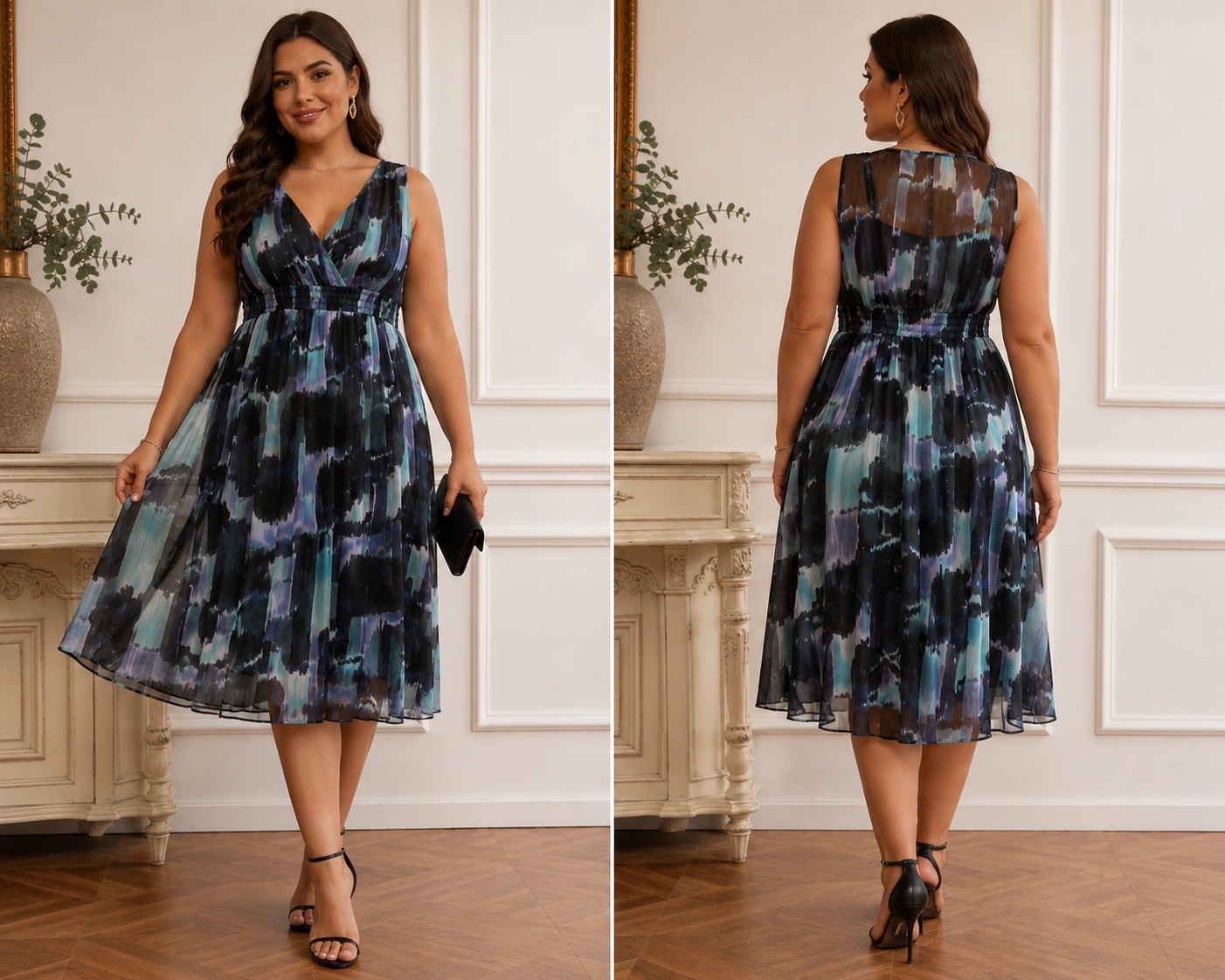 ✨ Robe Curvy Grande Taille Fluide Imprimé Aquarelle Bleu & Noir – Taille Élastiquée, Décolleté Croisé Chic, Style Élégant & Féminin pour Toutes Occasions ✨🌹🌹🥰🌹💙🔥🔥