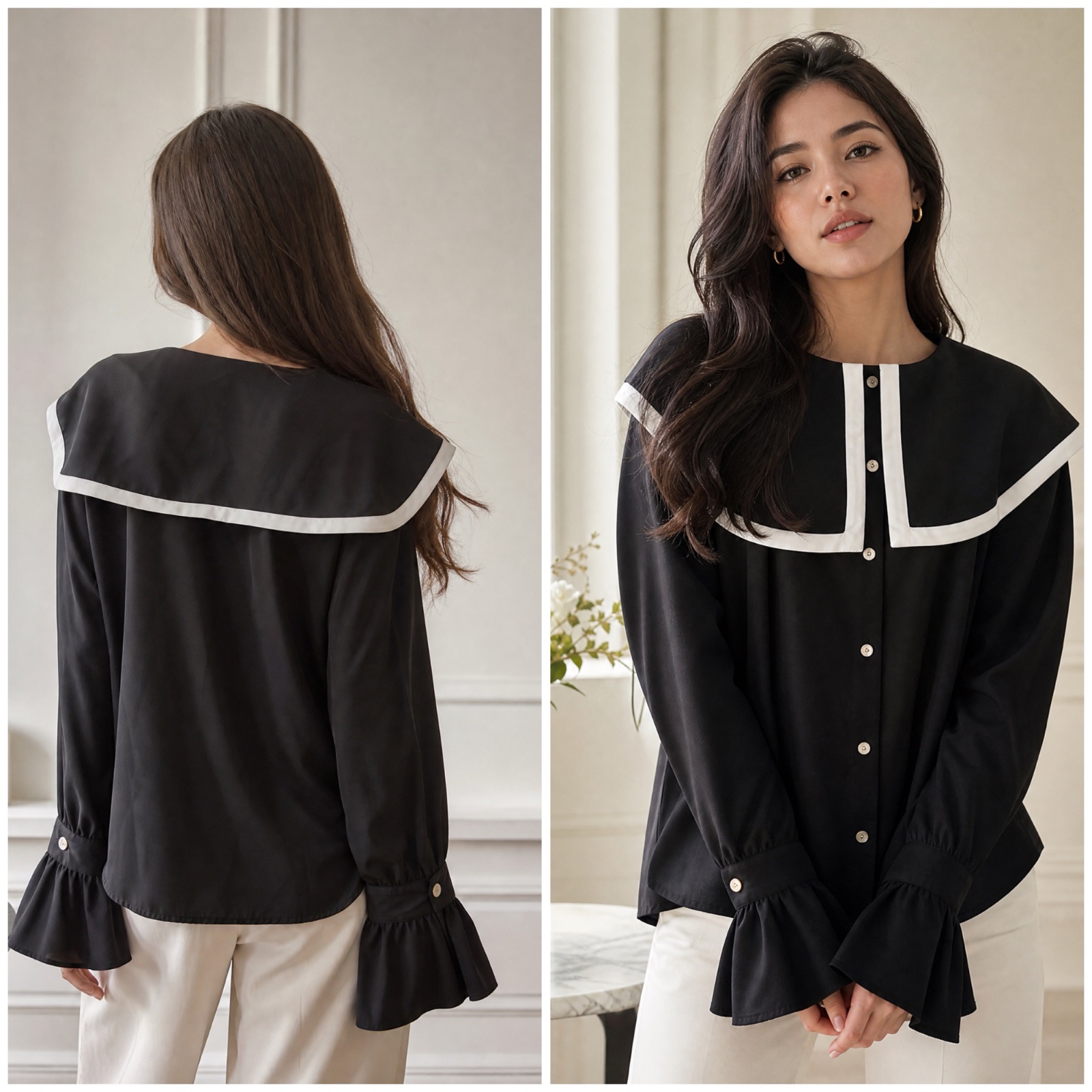 Magnifique Chemise Noire Chic - Col Marin & Manches Évasées✨🥰🔥
