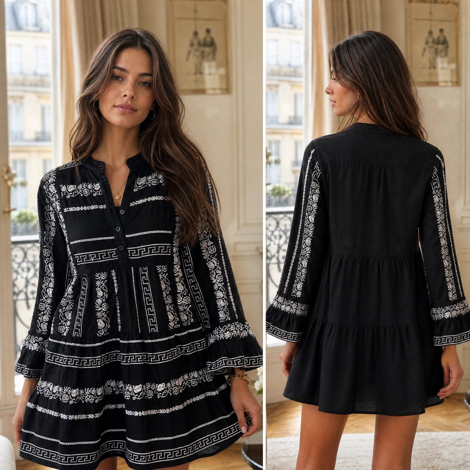 ✨ Sublime Robe Courte Noire Style Bohème Chic – Détails Brodés Blancs – Marque Jaipur – État Neuf ✨🌹❤️