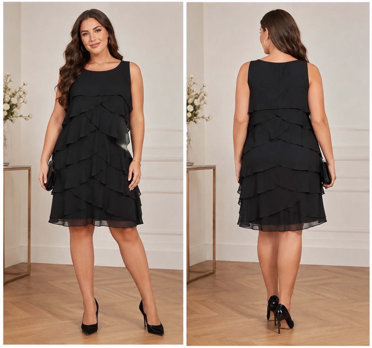 🔥Robe noire chic à volants en mousseline – Coupe fluide élégante grande taille – Style soirée, cérémonie & occasions spéciales🔥🌹💞🥰🔥🔥✨