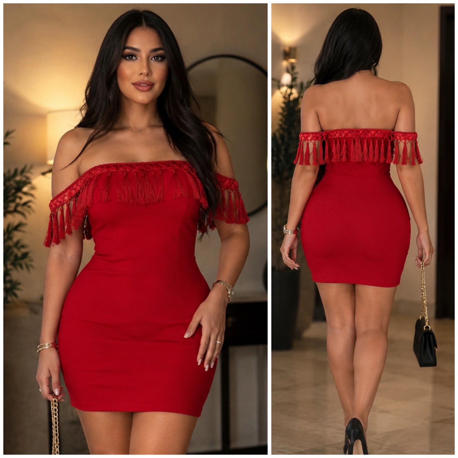✨🌹 Robe rouge passion ❤️ élégante et ultra féminine – Coupe près du corps, épaules dénudées & manches à franges – Look chic et glamour ✨🔥🌹🥰❤️🌷